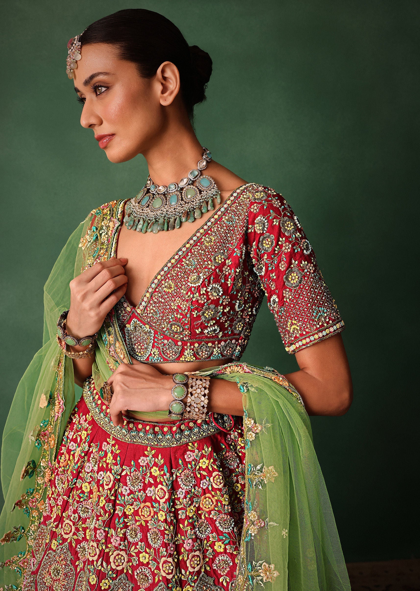 Hand Embroidered Multicolour Thread Work Red Bridal Lehenga Set With Dupatta - Image 5