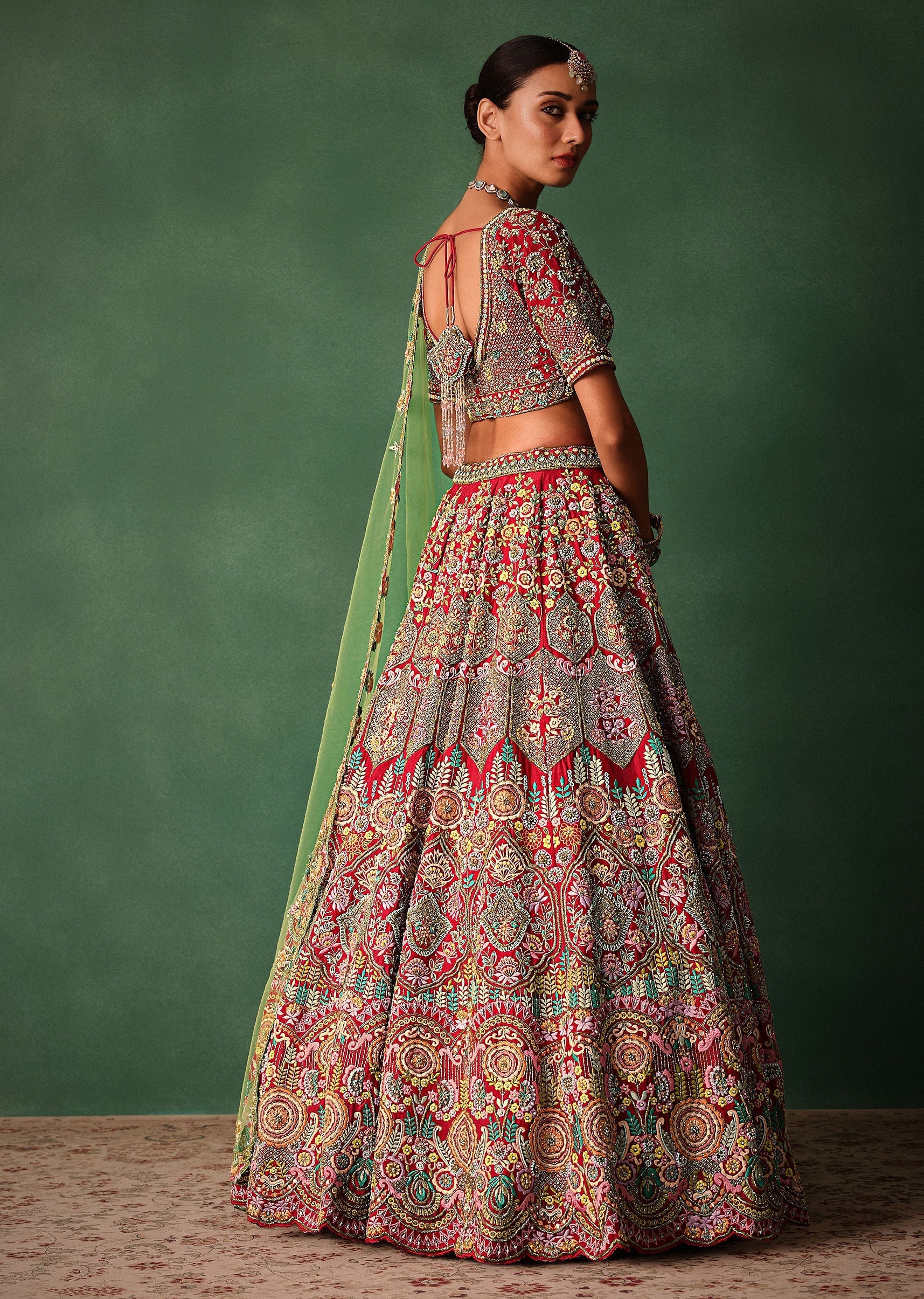 Hand Embroidered Multicolour Thread Work Red Bridal Lehenga Set With Dupatta - Image 6