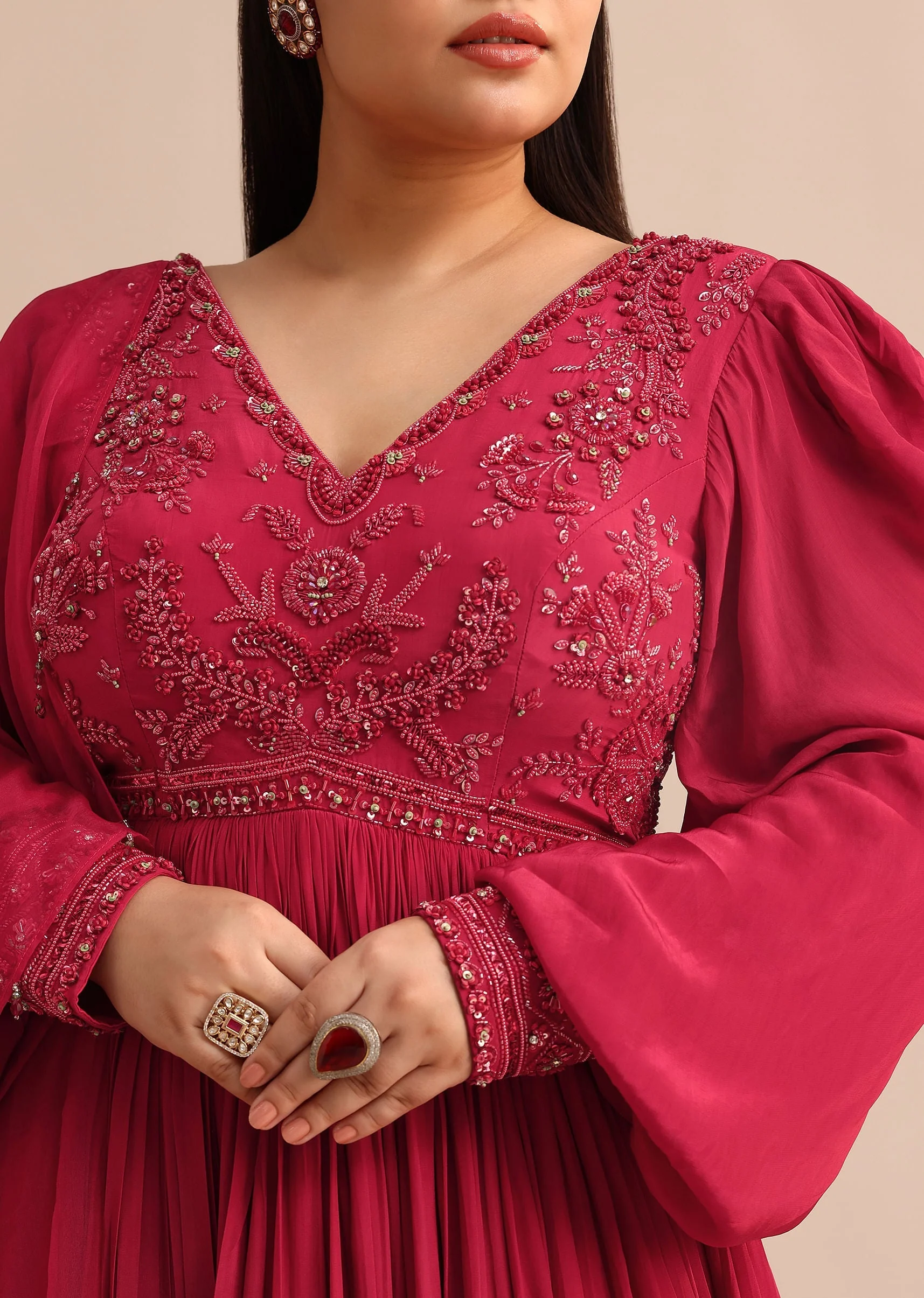 Hand Embroidery Red Anarkali Suit With Organza Dupatta - Image 2
