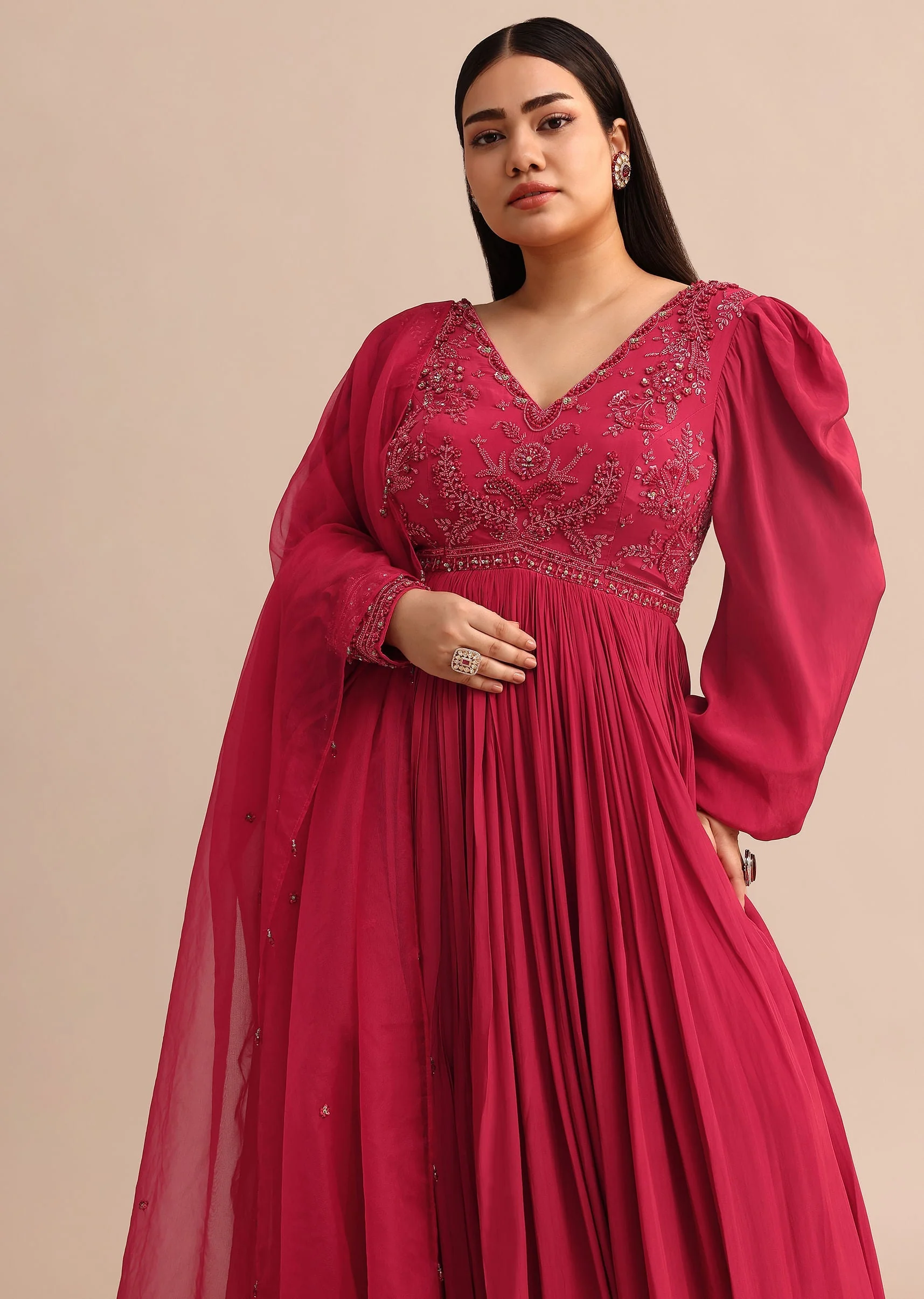 Hand Embroidery Red Anarkali Suit With Organza Dupatta - Image 4