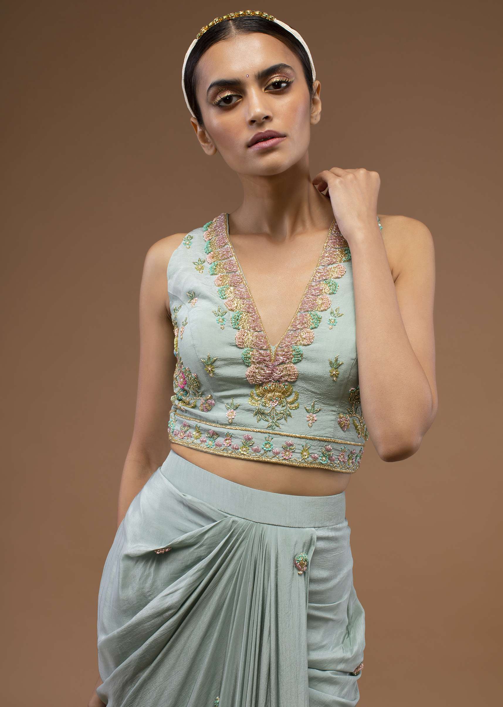 Harbor Grey-Green Mermaid Skirt And A Crop Top Set In 3D Cut Dana Motifs Embroidery, Paired With A Crop Top With A Plunging V Neckline - Image 3