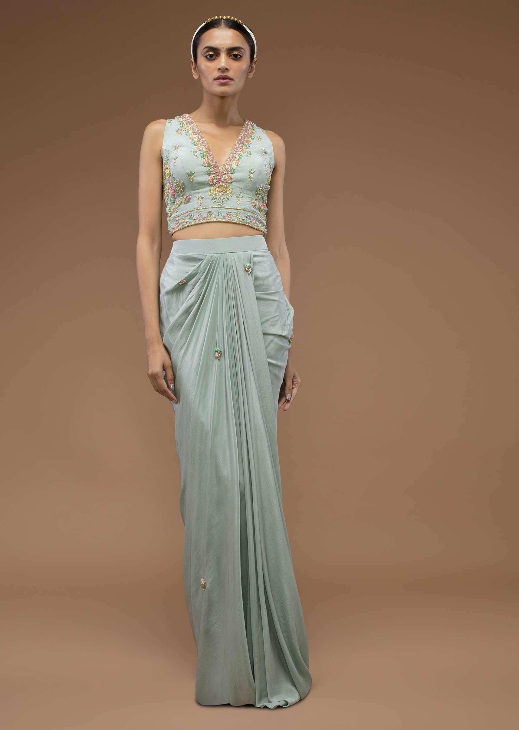 Harbor Grey-Green Mermaid Skirt And A Crop Top Set In 3D Cut Dana Motifs Embroidery, Paired With A Crop Top With A Plunging V Neckline - Image 4