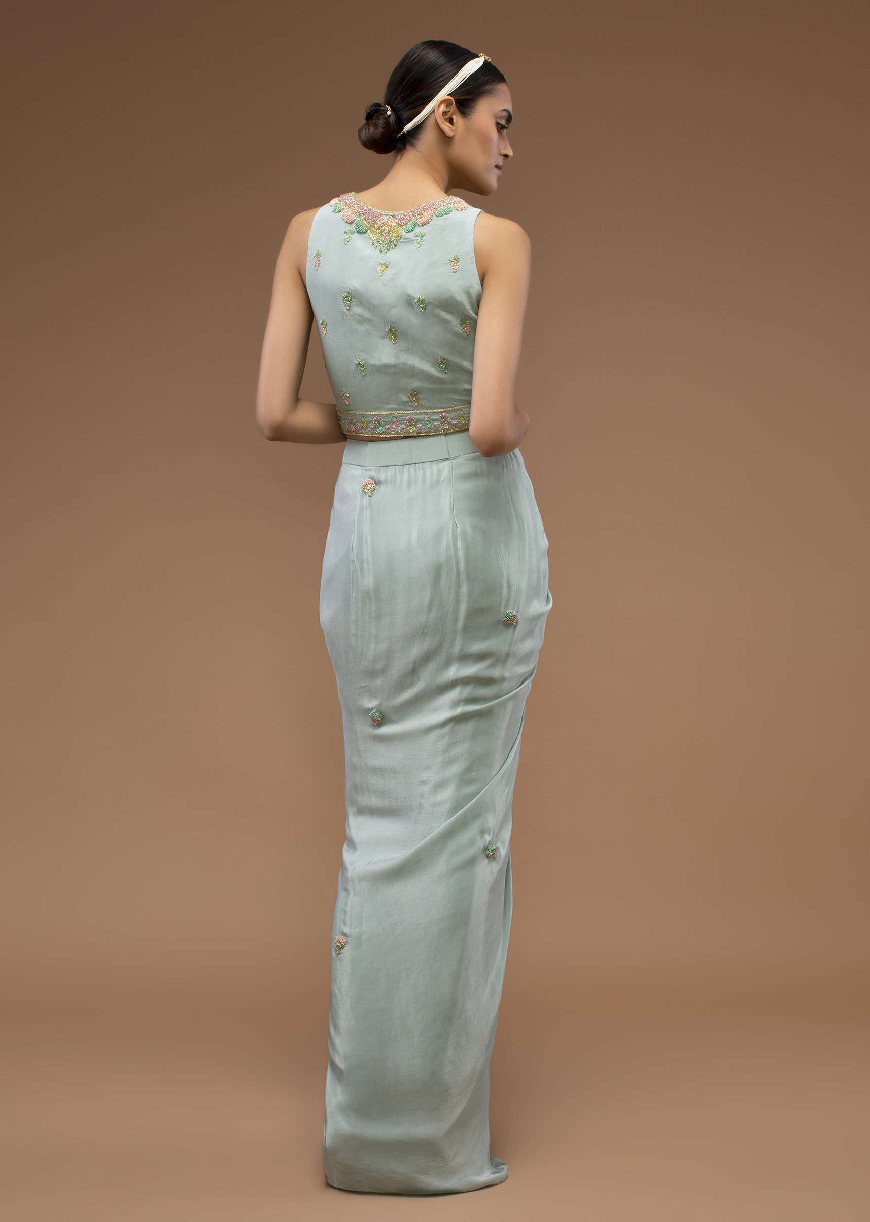 Harbor Grey-Green Mermaid Skirt And A Crop Top Set In 3D Cut Dana Motifs Embroidery, Paired With A Crop Top With A Plunging V Neckline - Image 5