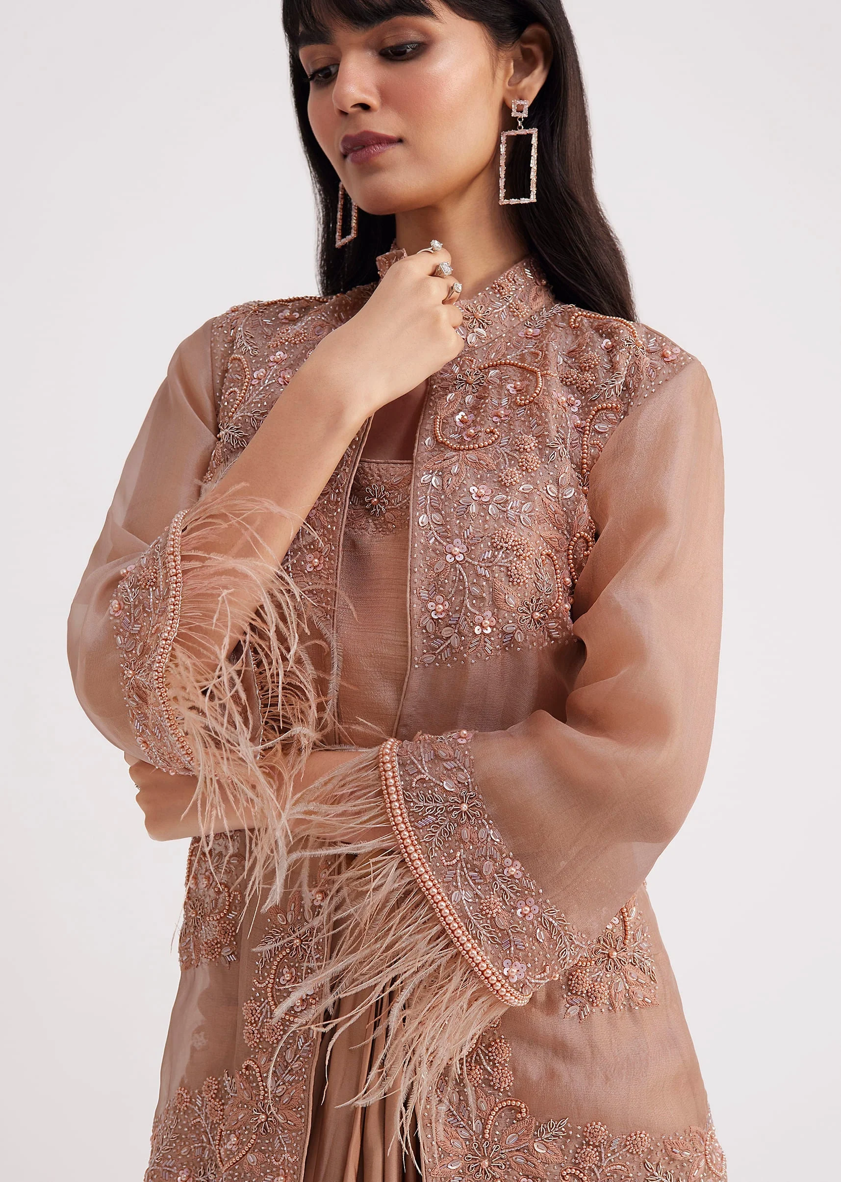 Hazelnut Beige Crop Top And Skirt With Embroidered Jacket - Image 2