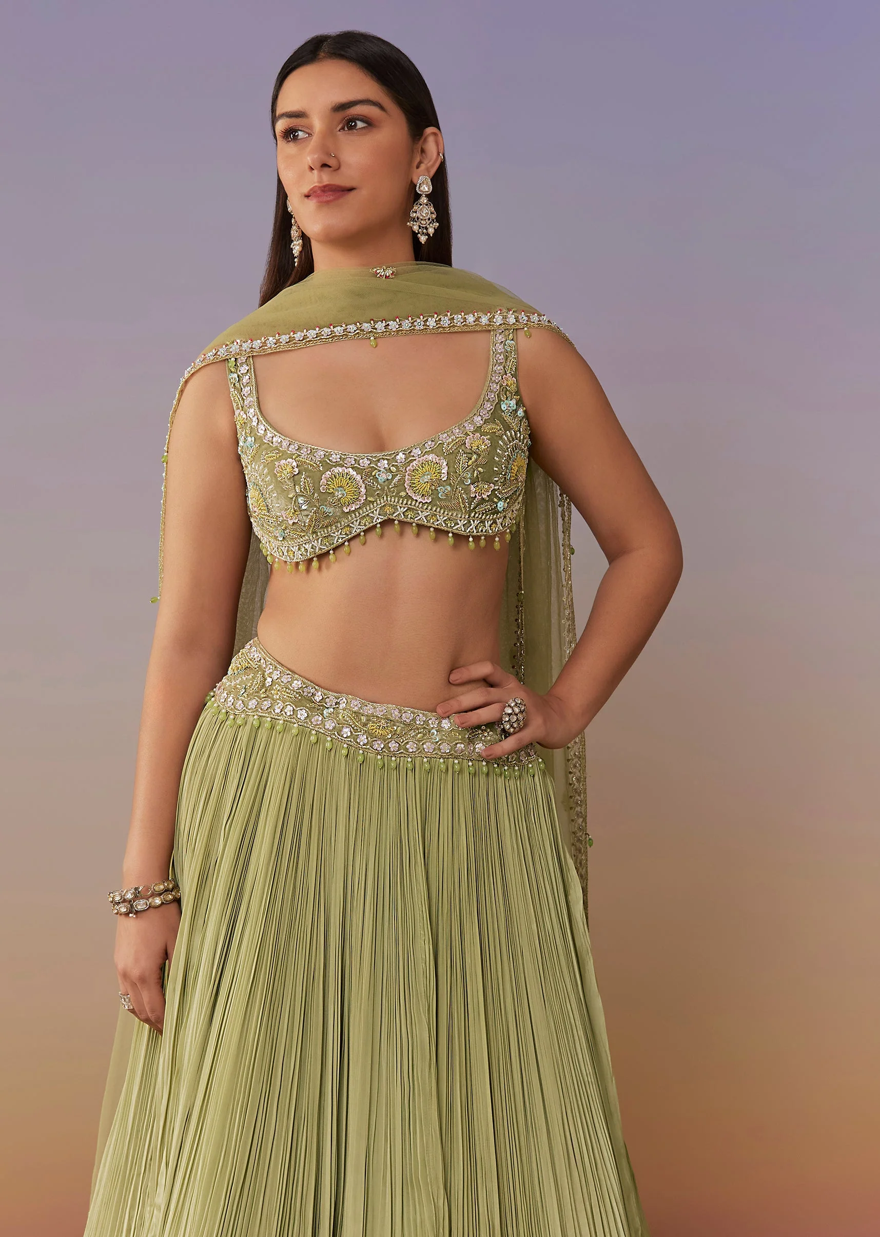 Heavy Embellished Round Neck Blouse Lehenga Set - Image 5
