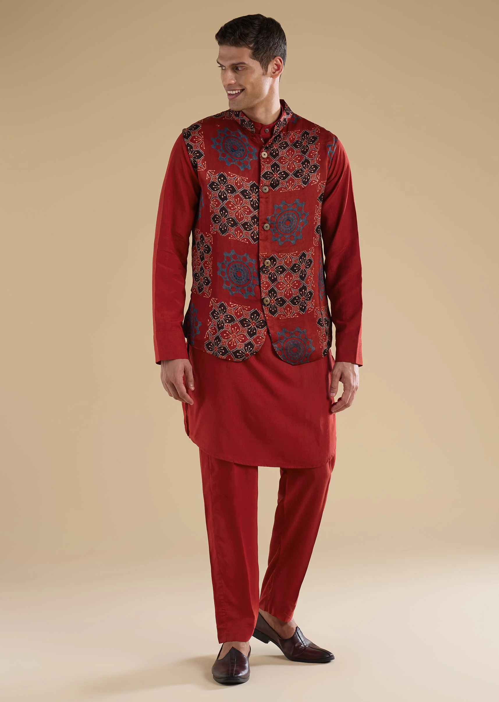 Heritage Ajrakh Couple Set – Maroon Linen Kurta Set With Ajrakh Dupatta For Her And Red Ajrakh Kurta Jacket Set For Him - Image 10