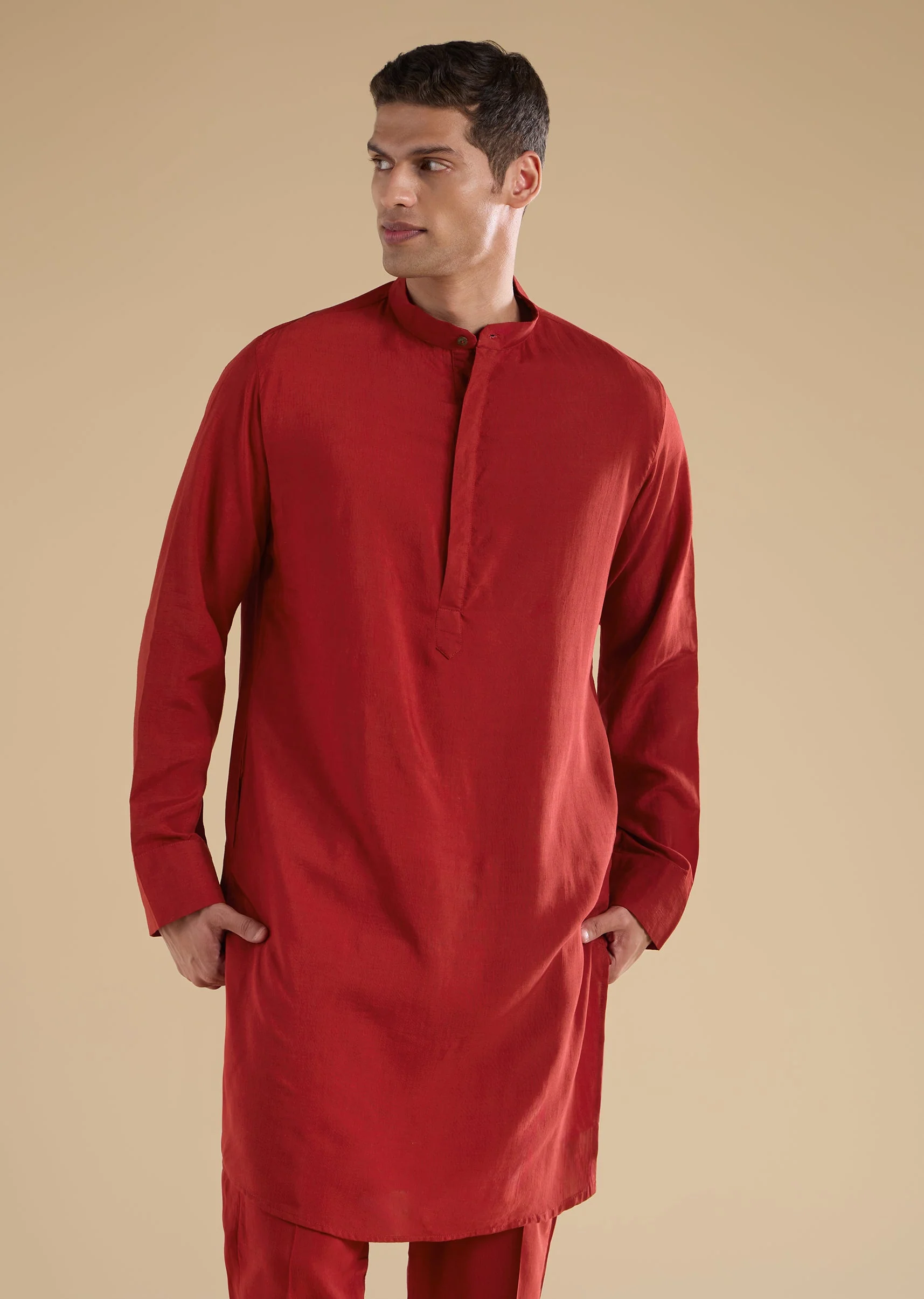 Heritage Ajrakh Couple Set – Maroon Linen Kurta Set With Ajrakh Dupatta For Her And Red Ajrakh Kurta Jacket Set For Him - Image 13