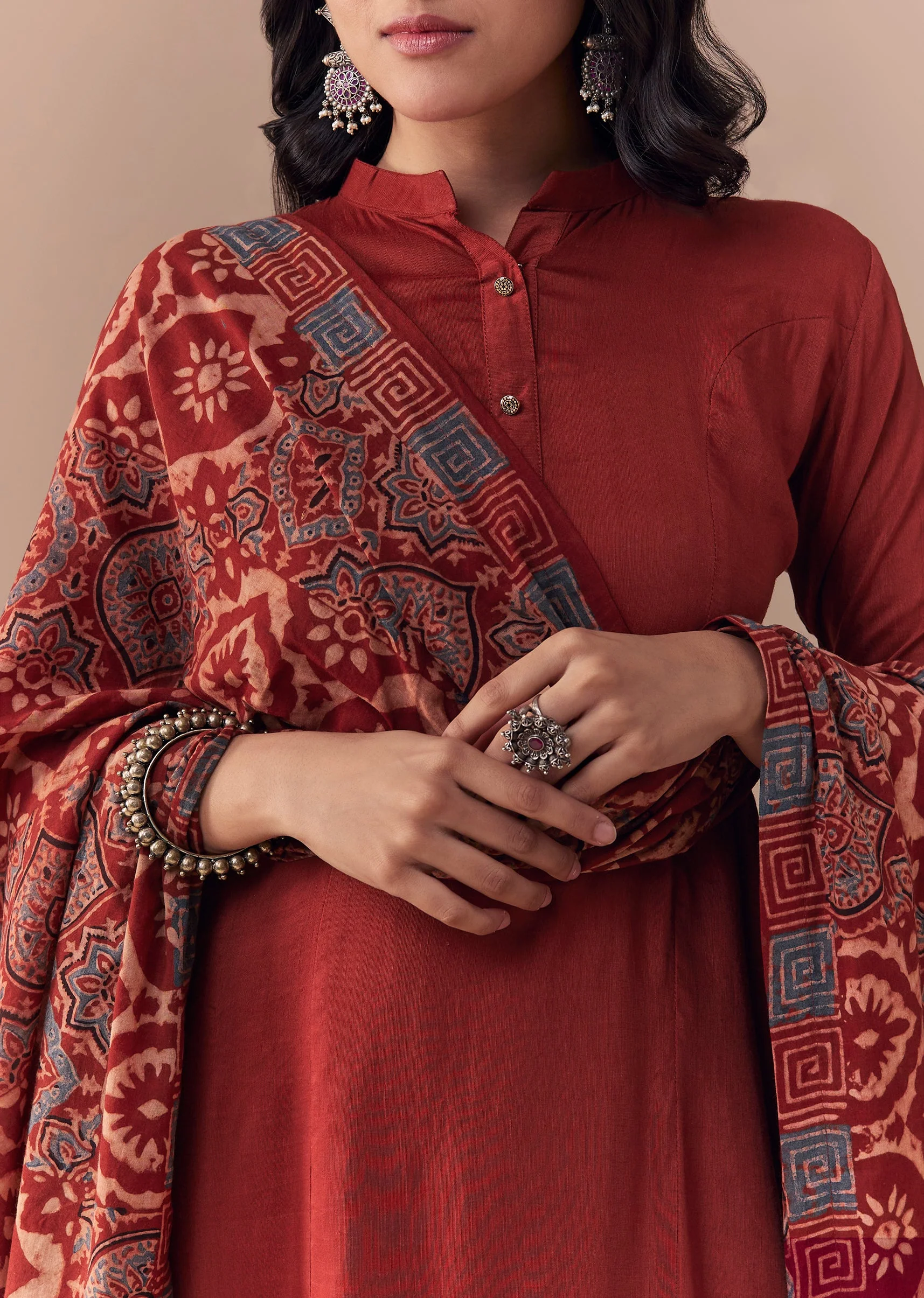 Heritage Ajrakh Couple Set – Maroon Linen Kurta Set With Ajrakh Dupatta For Her And Red Ajrakh Kurta Jacket Set For Him - Image 3