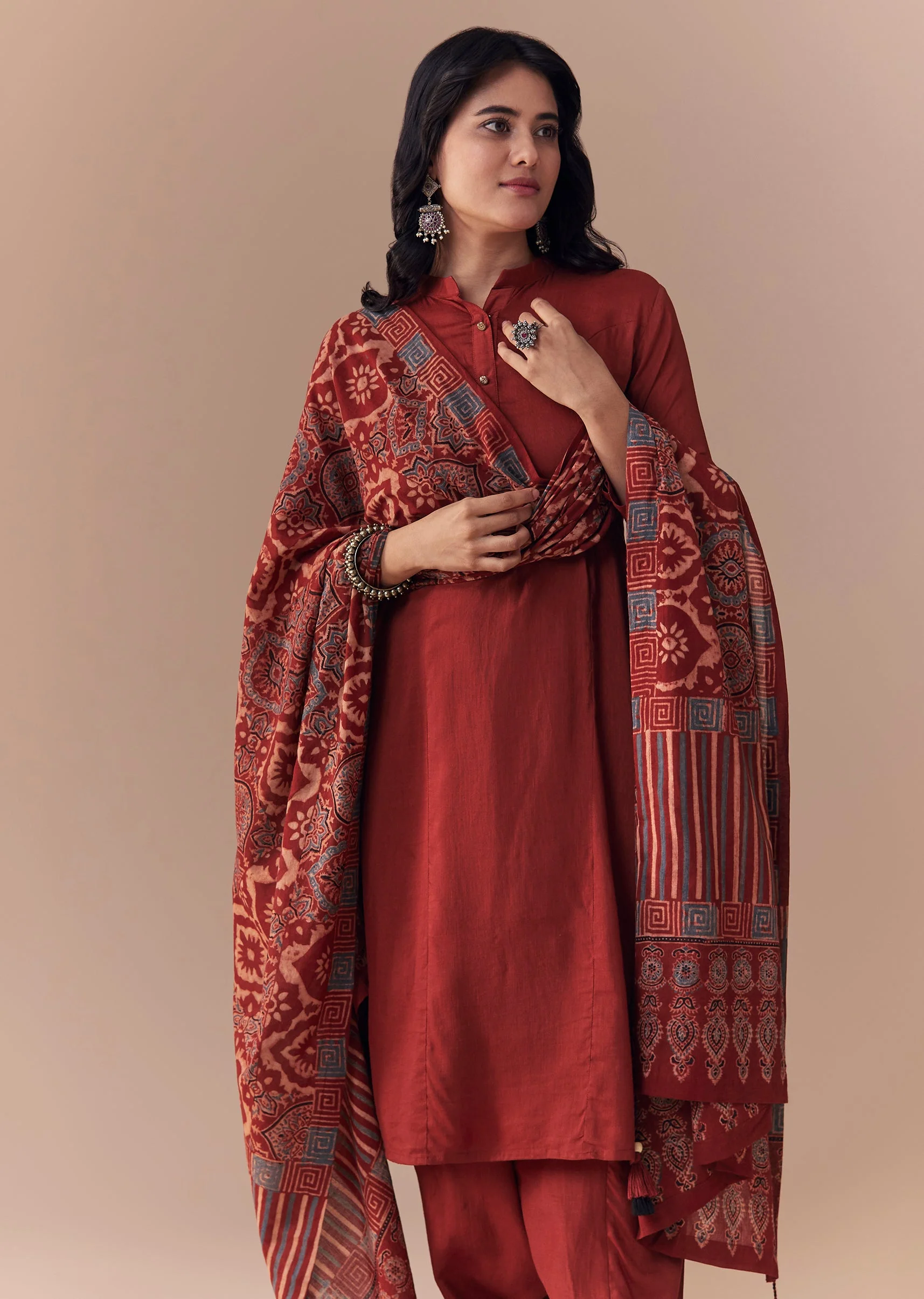 Heritage Ajrakh Couple Set – Maroon Linen Kurta Set With Ajrakh Dupatta For Her And Red Ajrakh Kurta Jacket Set For Him - Image 5