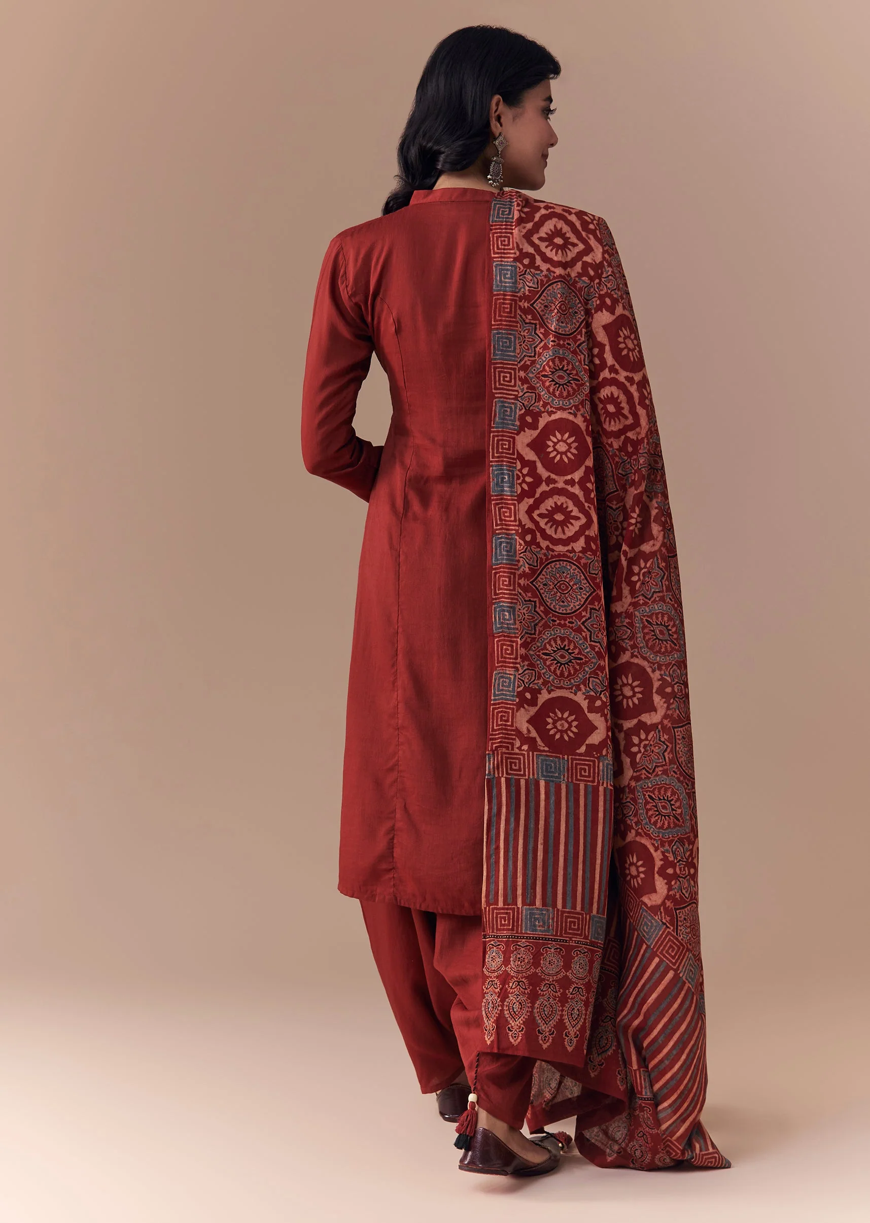 Heritage Ajrakh Couple Set – Maroon Linen Kurta Set With Ajrakh Dupatta For Her And Red Ajrakh Kurta Jacket Set For Him - Image 6