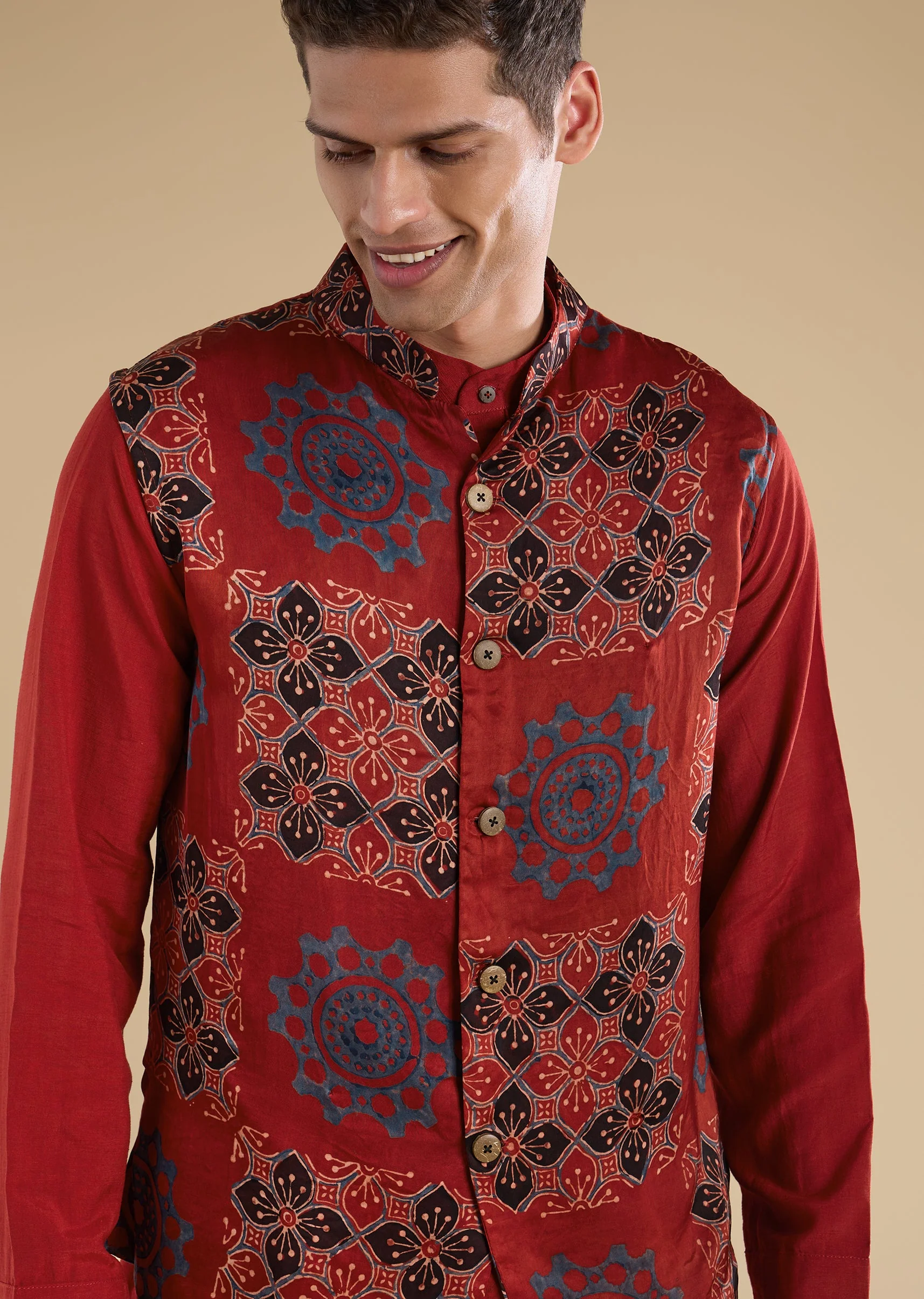 Heritage Ajrakh Couple Set – Maroon Linen Kurta Set With Ajrakh Dupatta For Her And Red Ajrakh Kurta Jacket Set For Him - Image 9