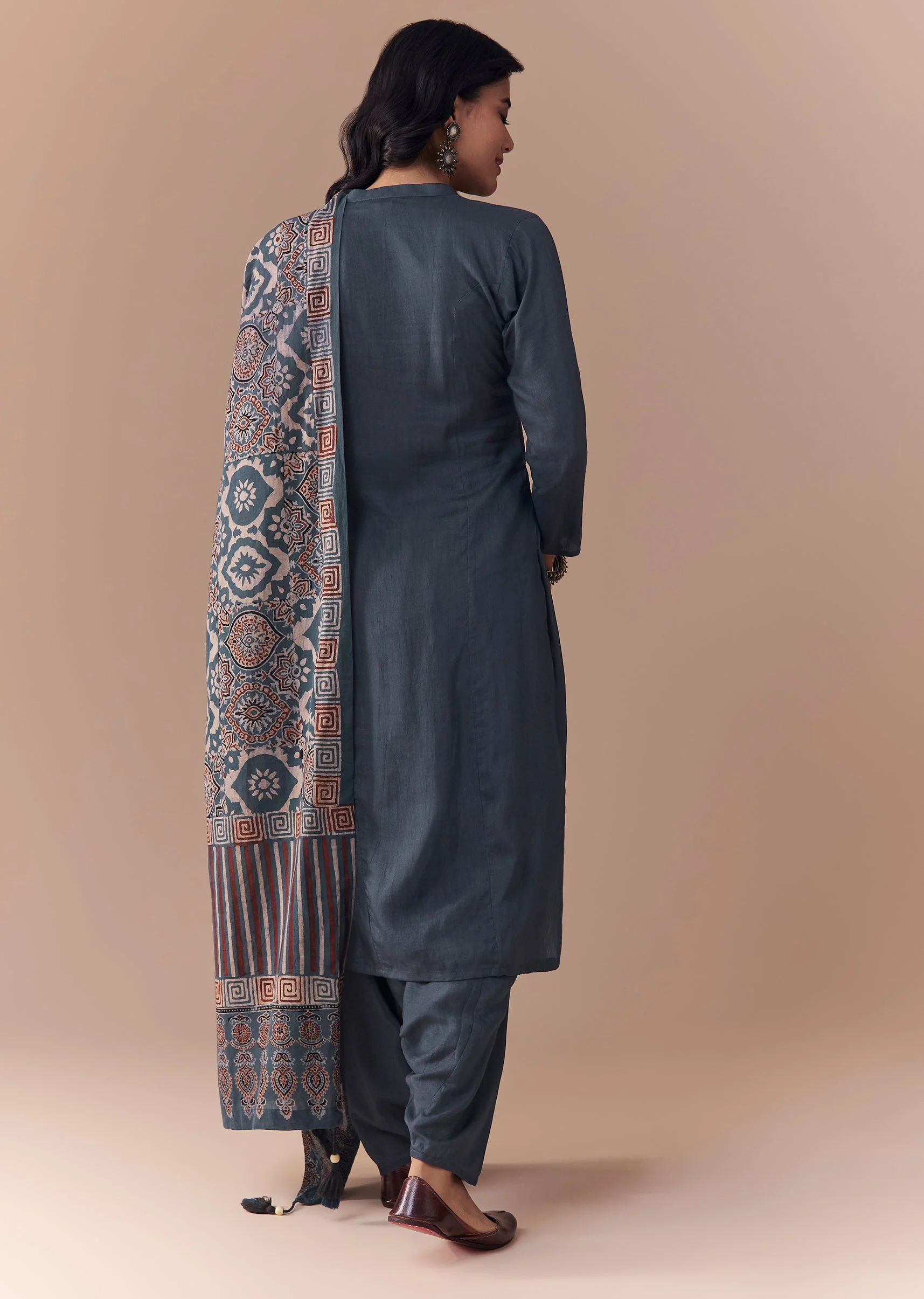 Heritage Couple Set – Indigo Kurta Set With Ajrakh Dupatta For Her And Stripe Indigo Kurta Set For Him - Image 4