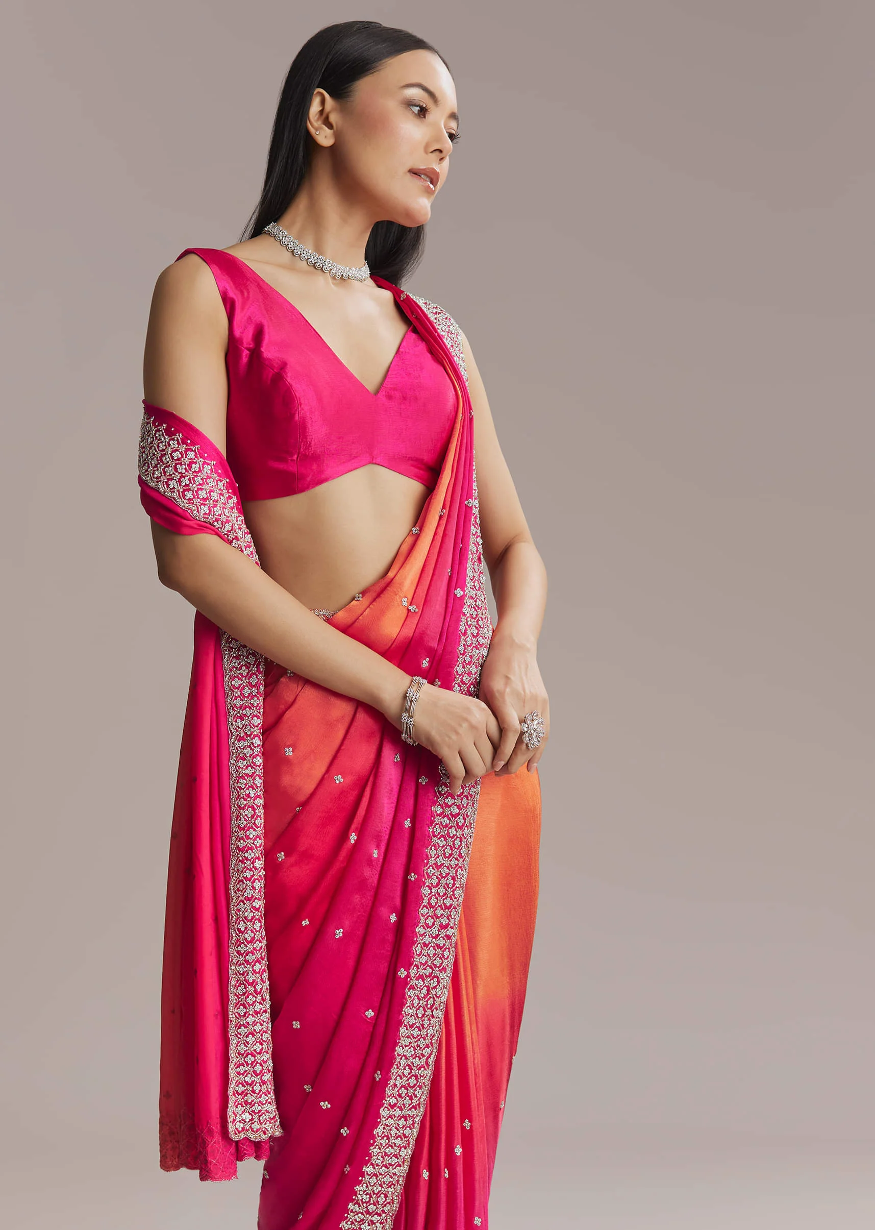 Hot Pink And Orange Chinon Saree With Heavy Embroidery - Image 4