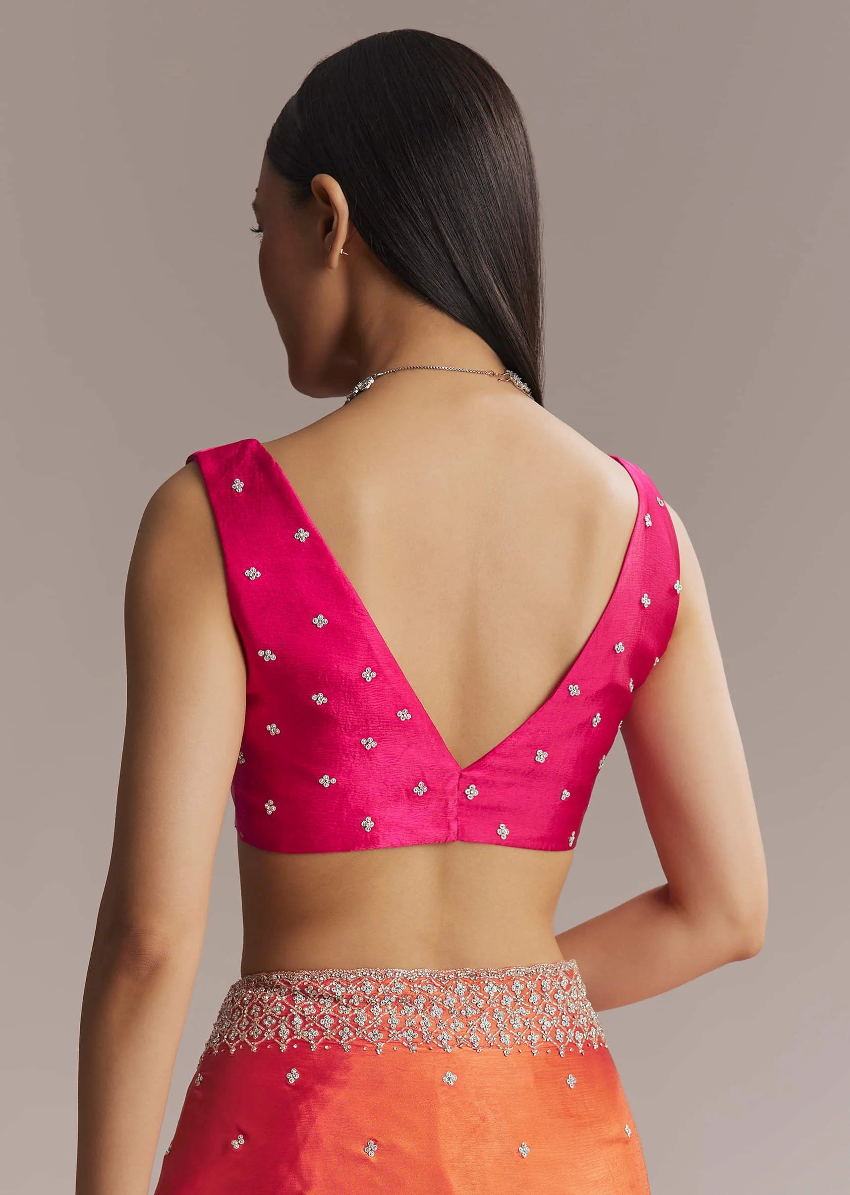Hot Pink And Orange Chinon Saree With Heavy Embroidery - Image 7