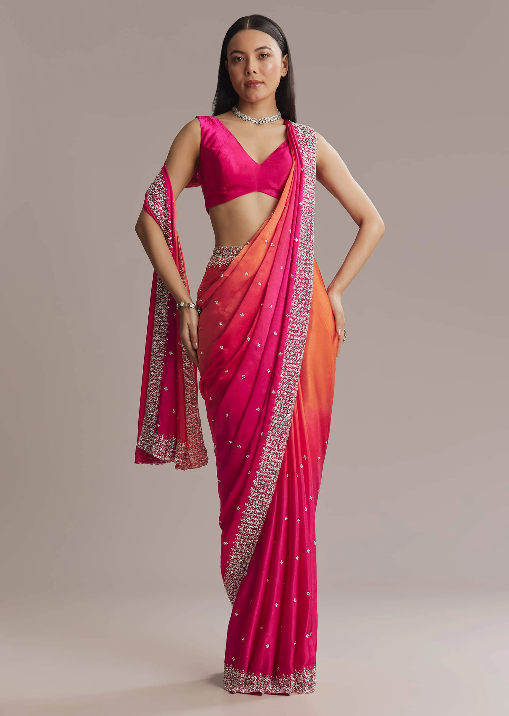 Hot Pink And Orange Chinon Saree With Heavy Embroidery - Image 9