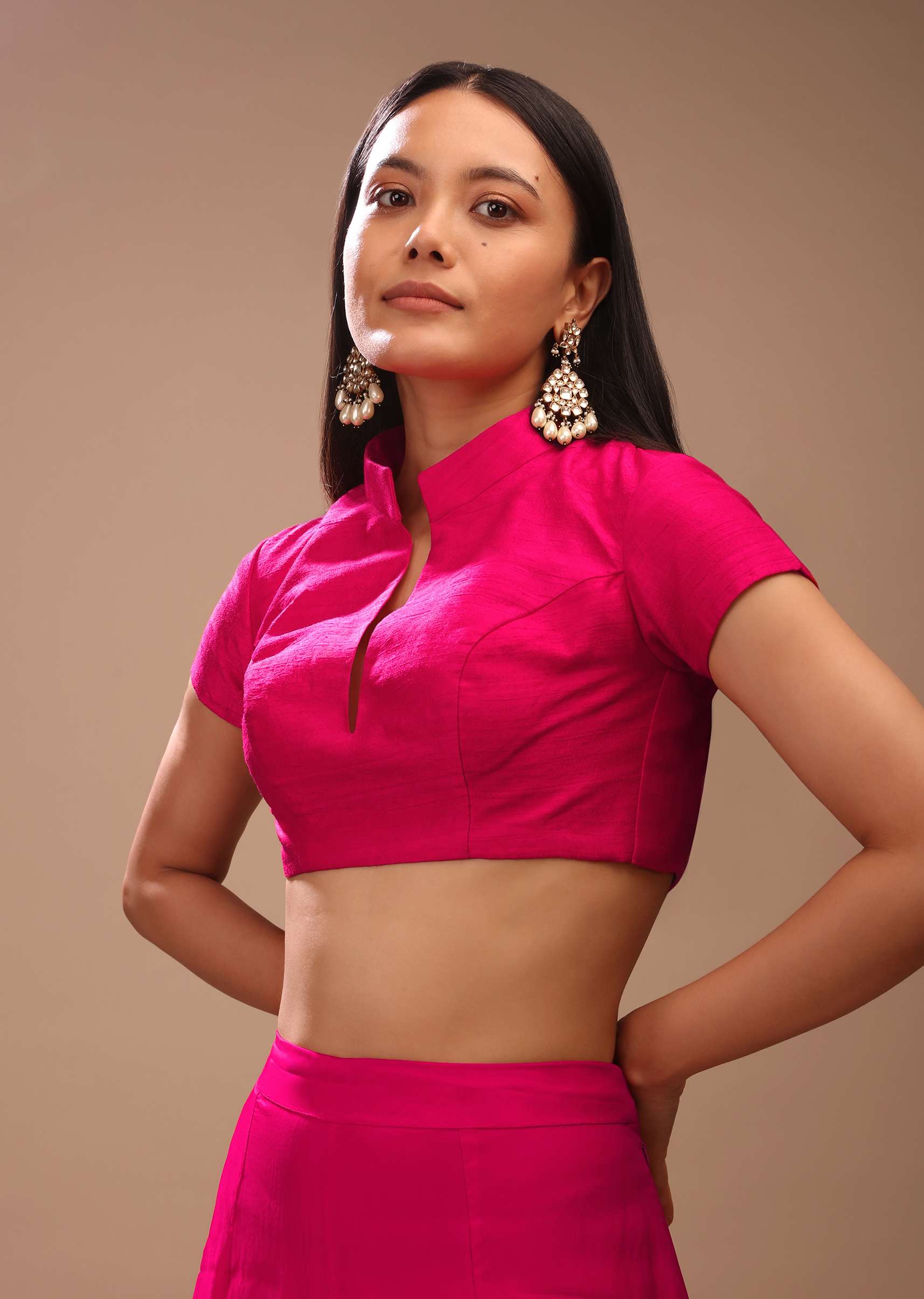 Hot Pink Blouse In Raw Silk With Mandarin Collar Neckline And Cap Sleeves - Image 3