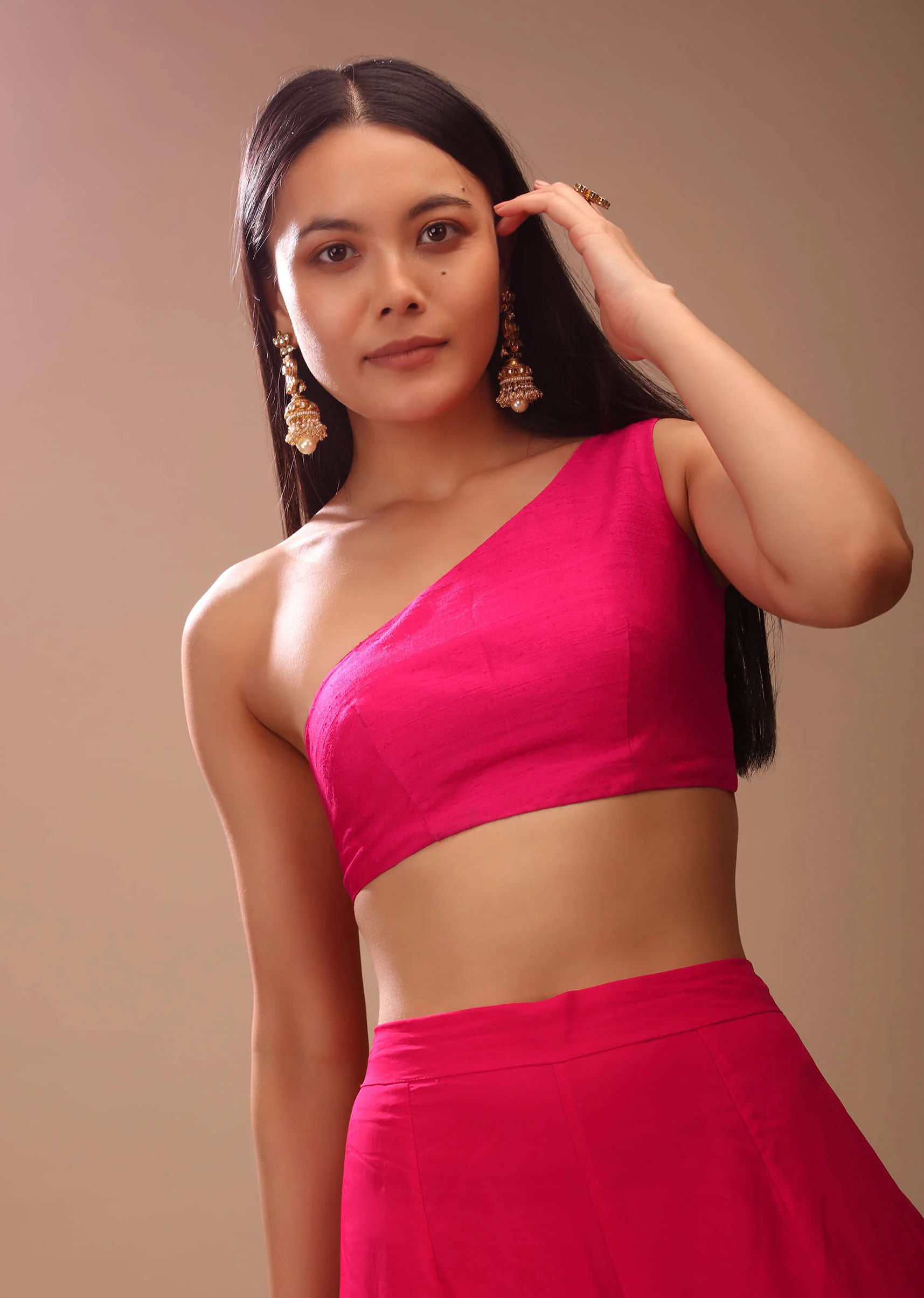 Hot Pink Blouse In Raw Silk With One Shoulder Neckline - Image 5
