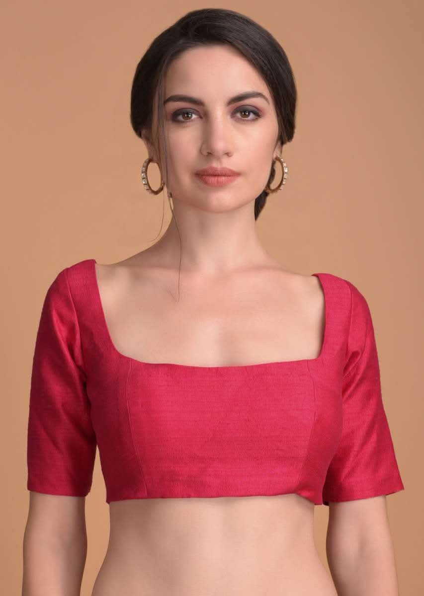 Hot Pink Blouse In Raw Silk With Wide U Neckline And Half Sleeves - Image 3