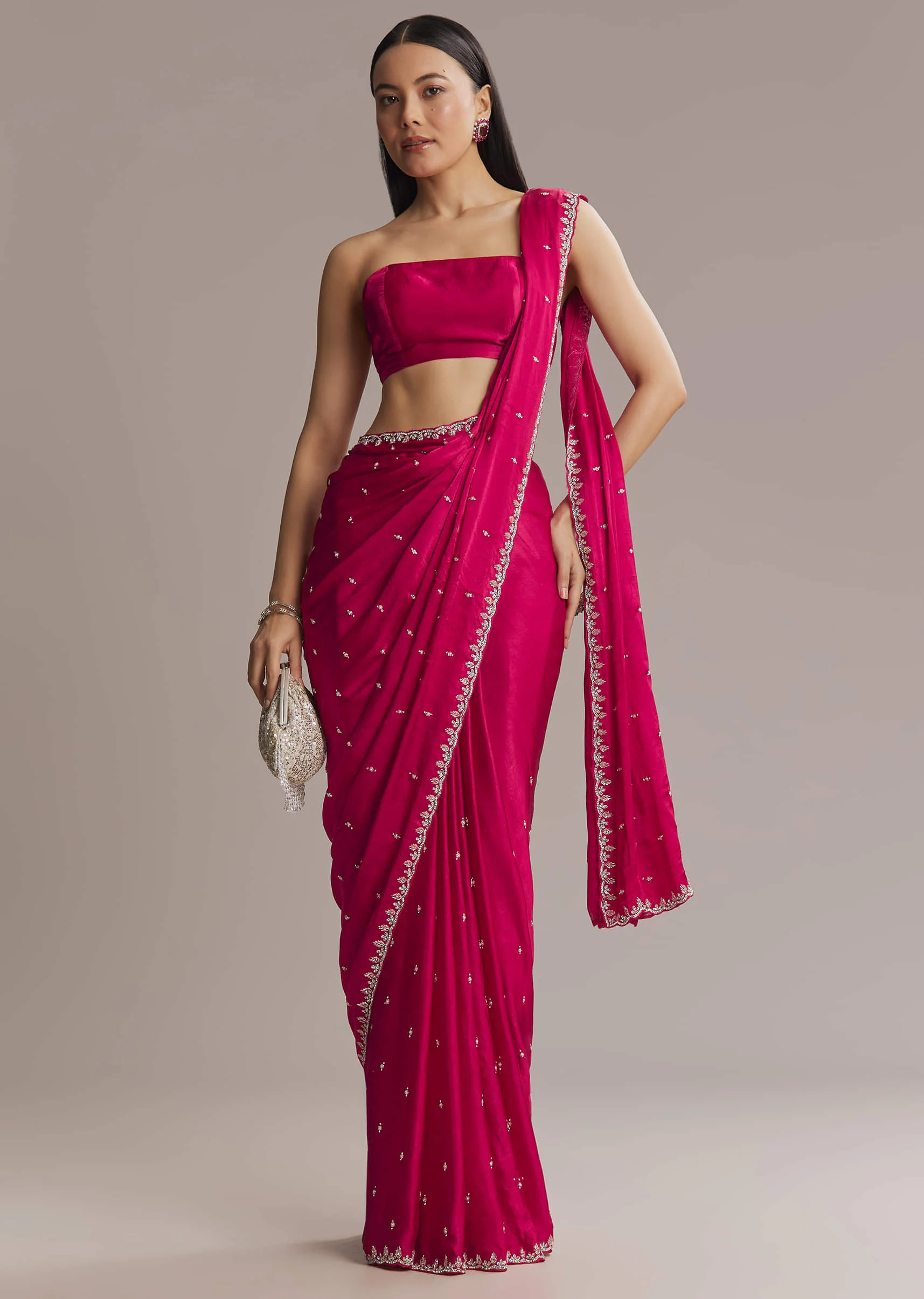 Hot Pink Chinon Saree With Cutdana And Stone Embroidery - Image 8
