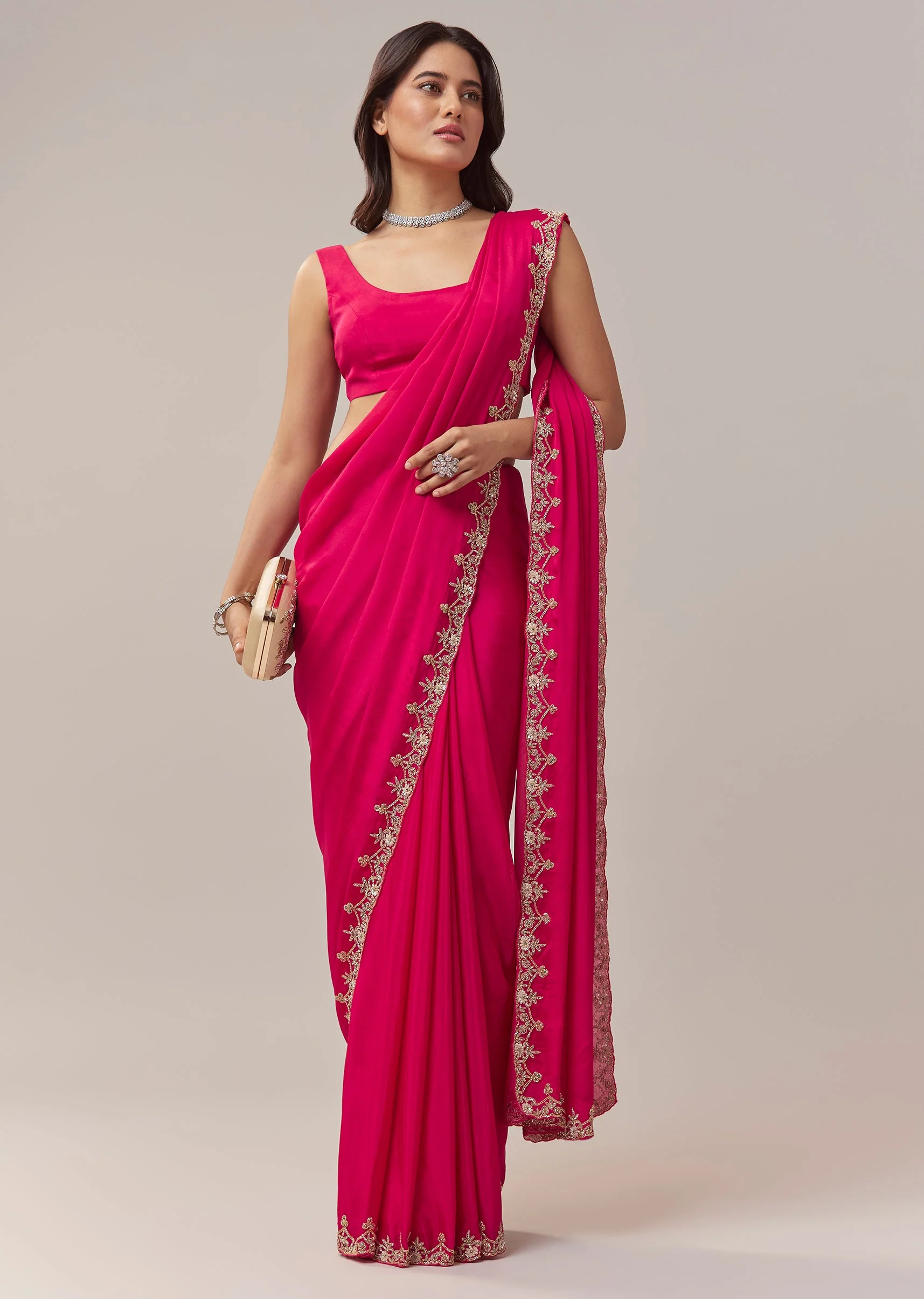 Hot Pink Chinon Saree With Floral Handwork Embroidered Border