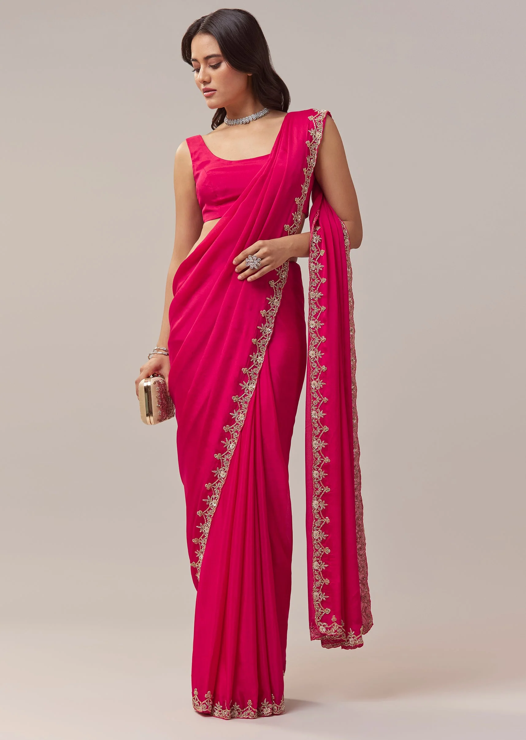 Hot Pink Chinon Saree With Floral Handwork Embroidered Border - Image 3
