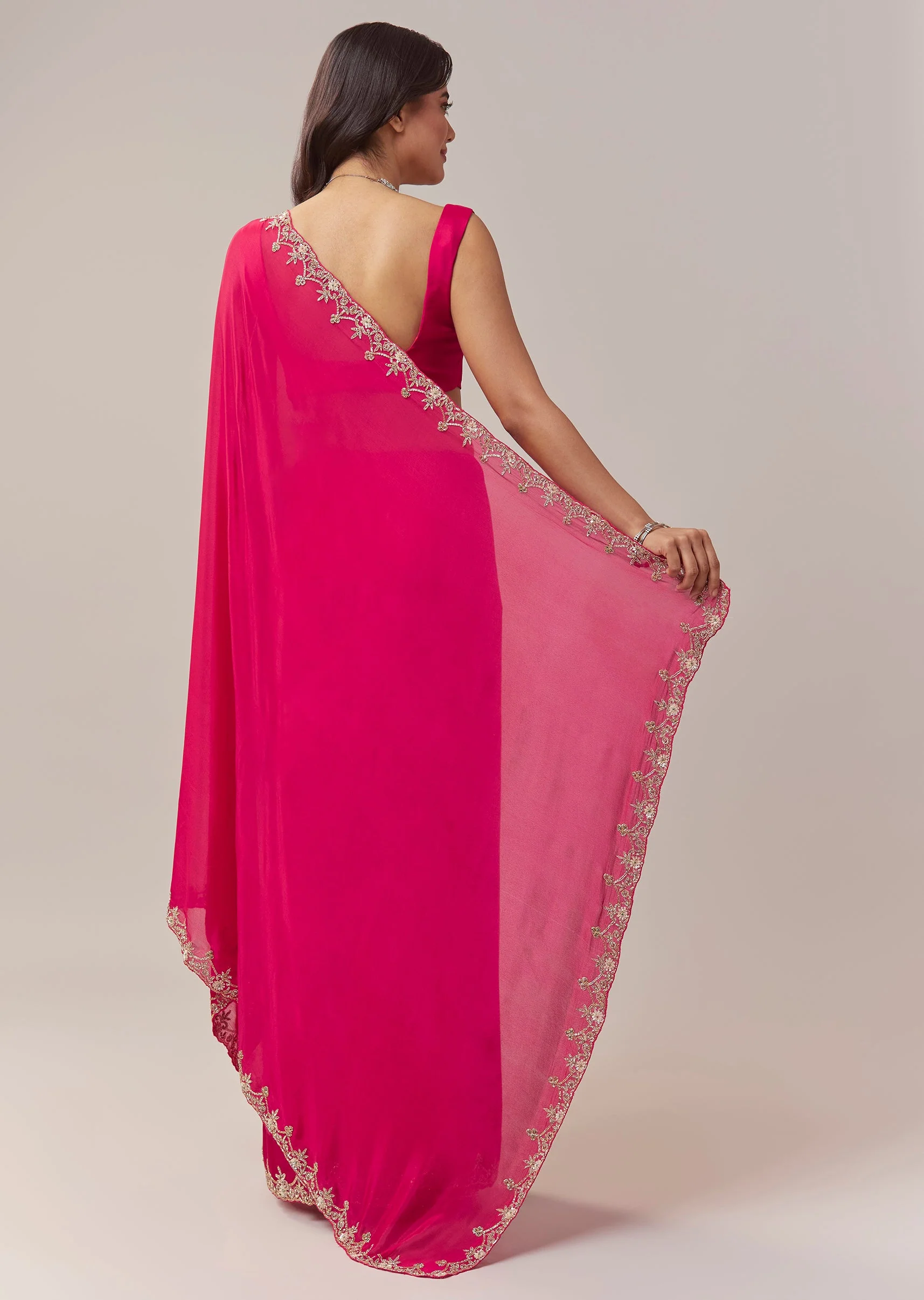 Hot Pink Chinon Saree With Floral Handwork Embroidered Border - Image 5
