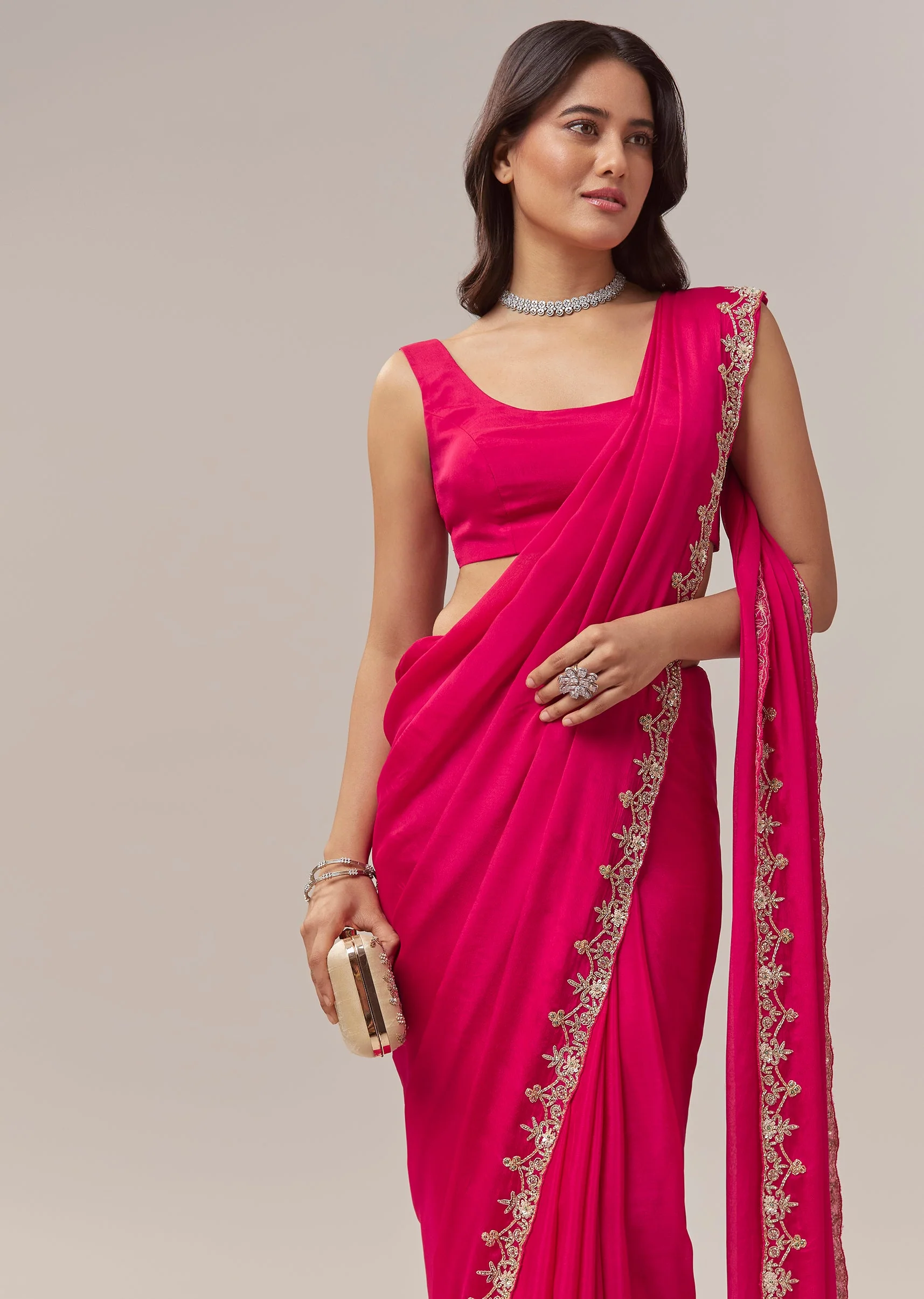 Hot Pink Chinon Saree With Floral Handwork Embroidered Border - Image 6