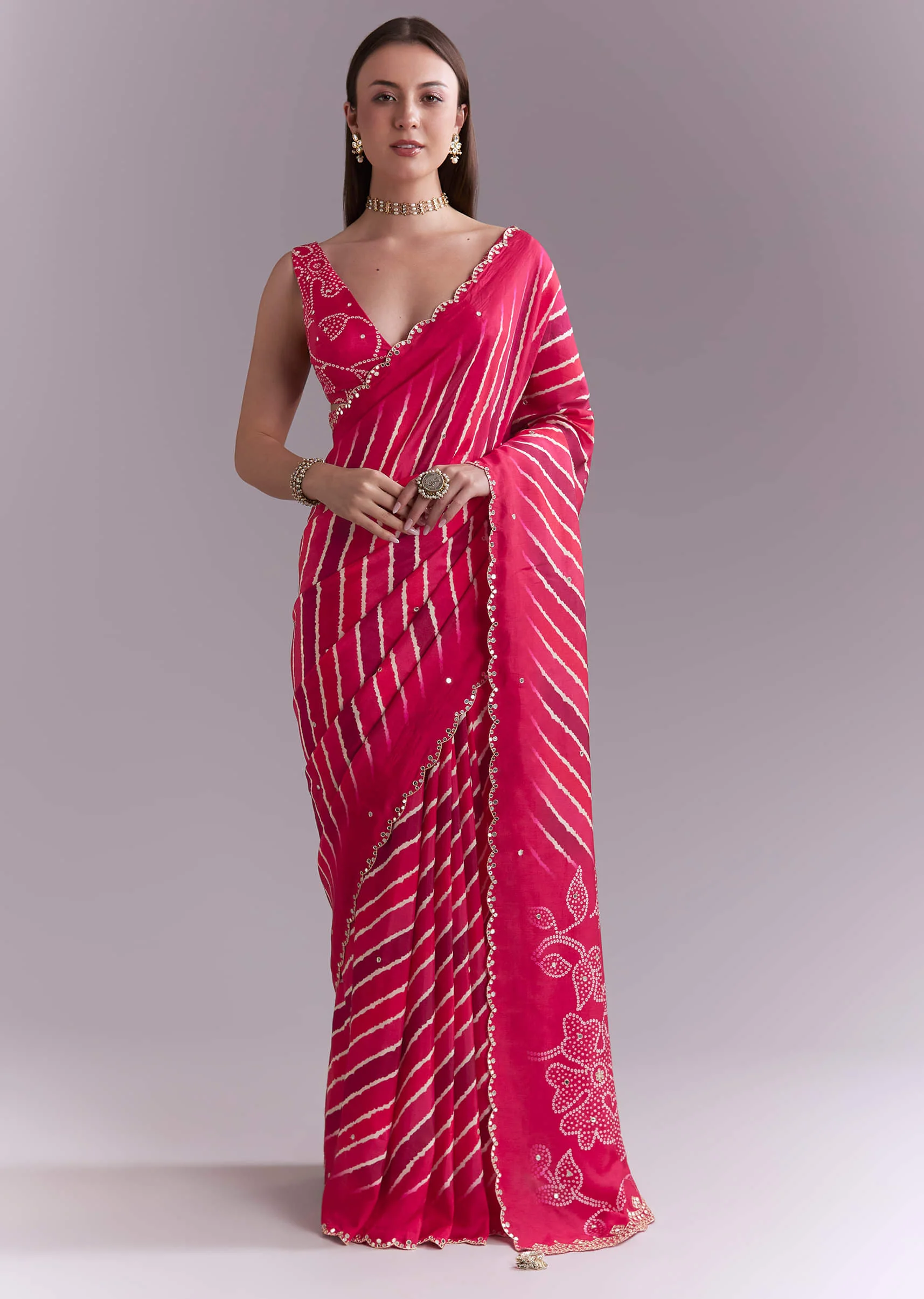 Hot Pink Chinon Saree With Leheriya Print And Mirror Work - Image 10