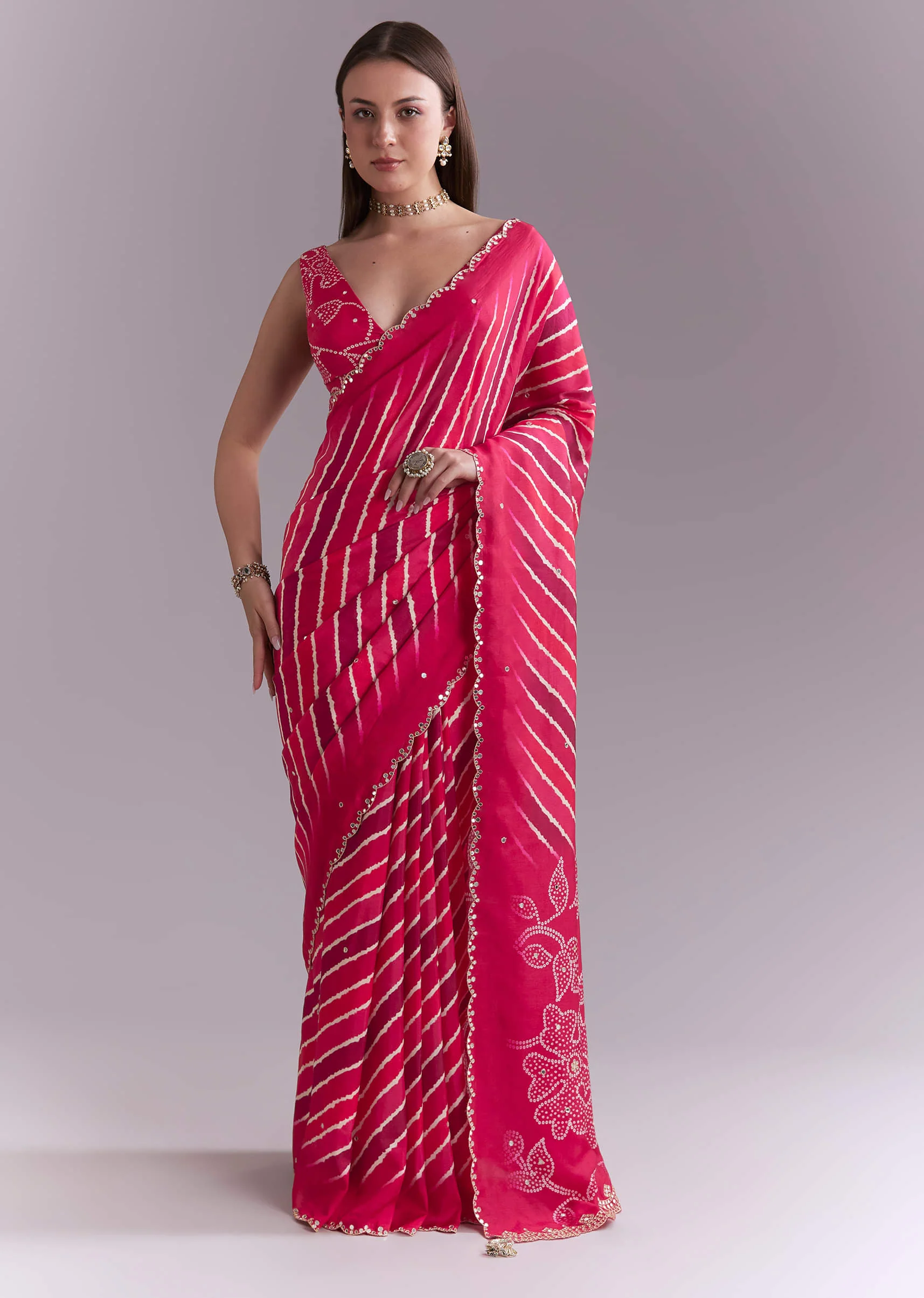 Hot Pink Chinon Saree With Leheriya Print And Mirror Work - Image 3