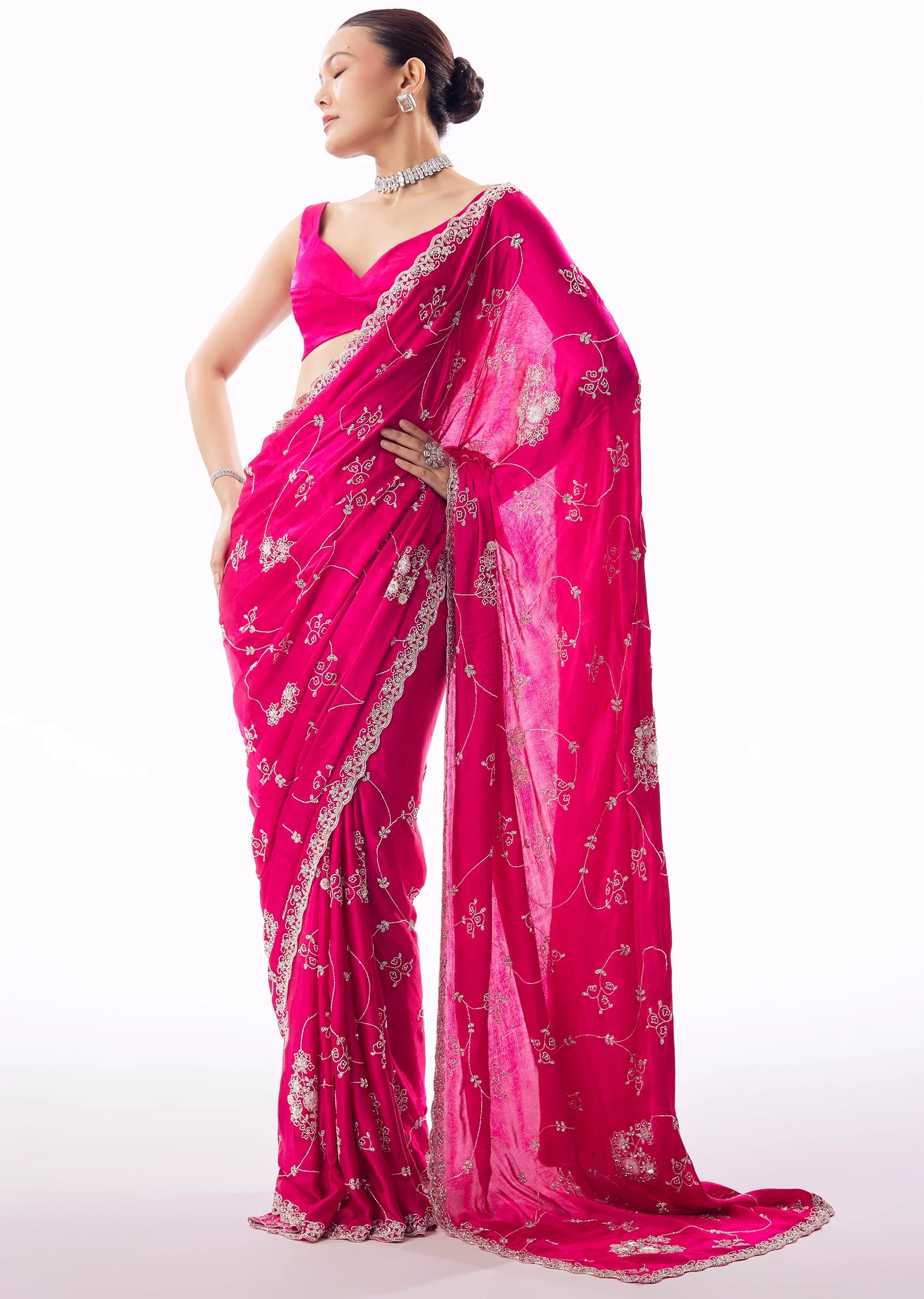 Hot Pink Chinon Saree With Scallop Border And All Over Floral Cutdana Stone Bead Embroidery