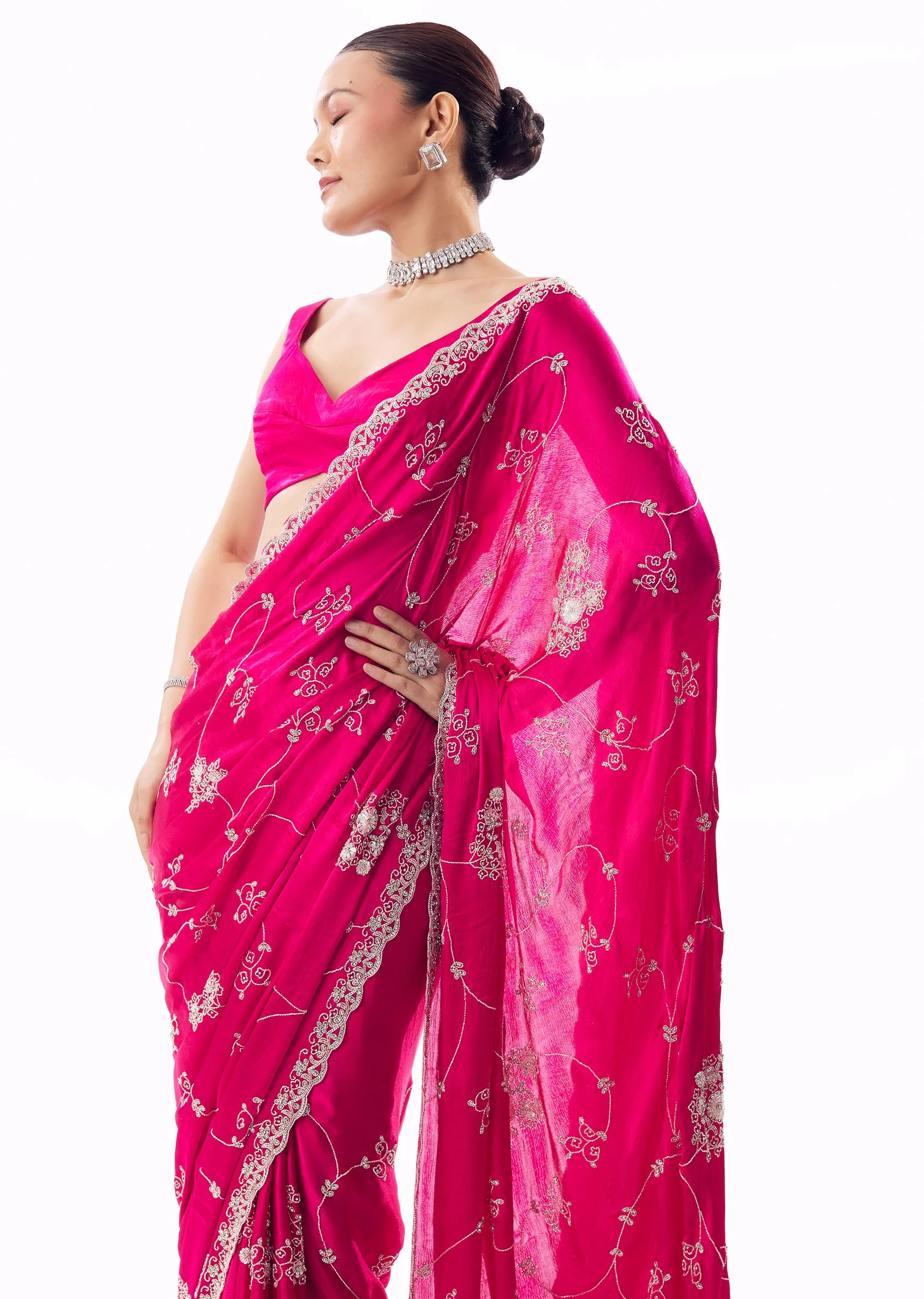 Hot Pink Chinon Saree With Scallop Border And All Over Floral Cutdana Stone Bead Embroidery - Image 5