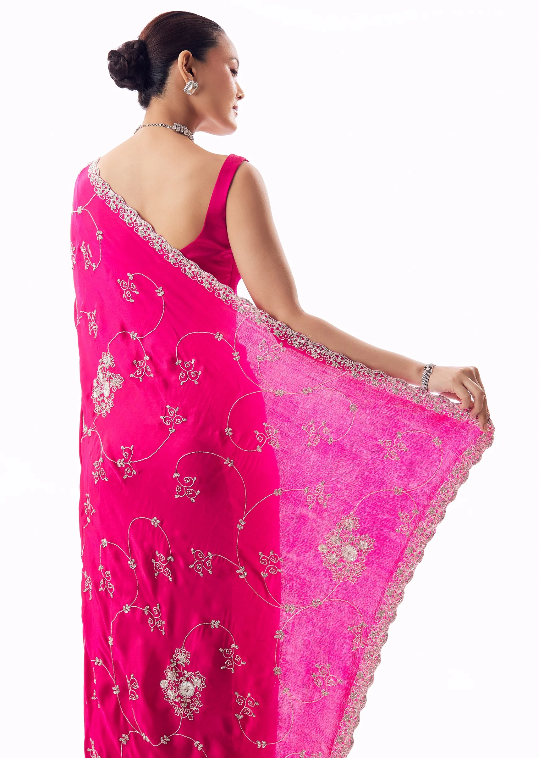 Hot Pink Chinon Saree With Scallop Border And All Over Floral Cutdana Stone Bead Embroidery - Image 6