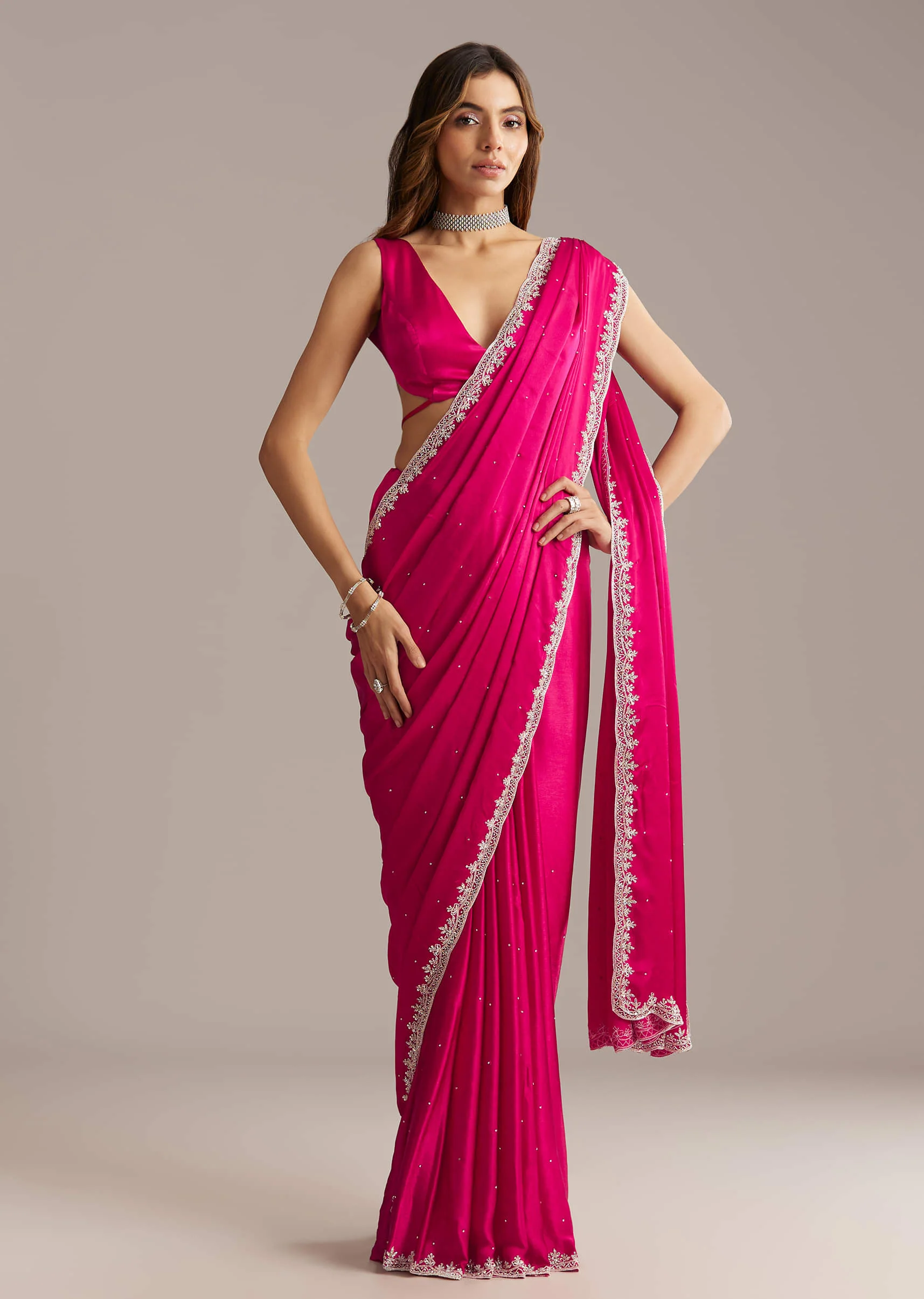 Hot Pink Chinon Saree With Stone And Sequin Embroidery - Image 3