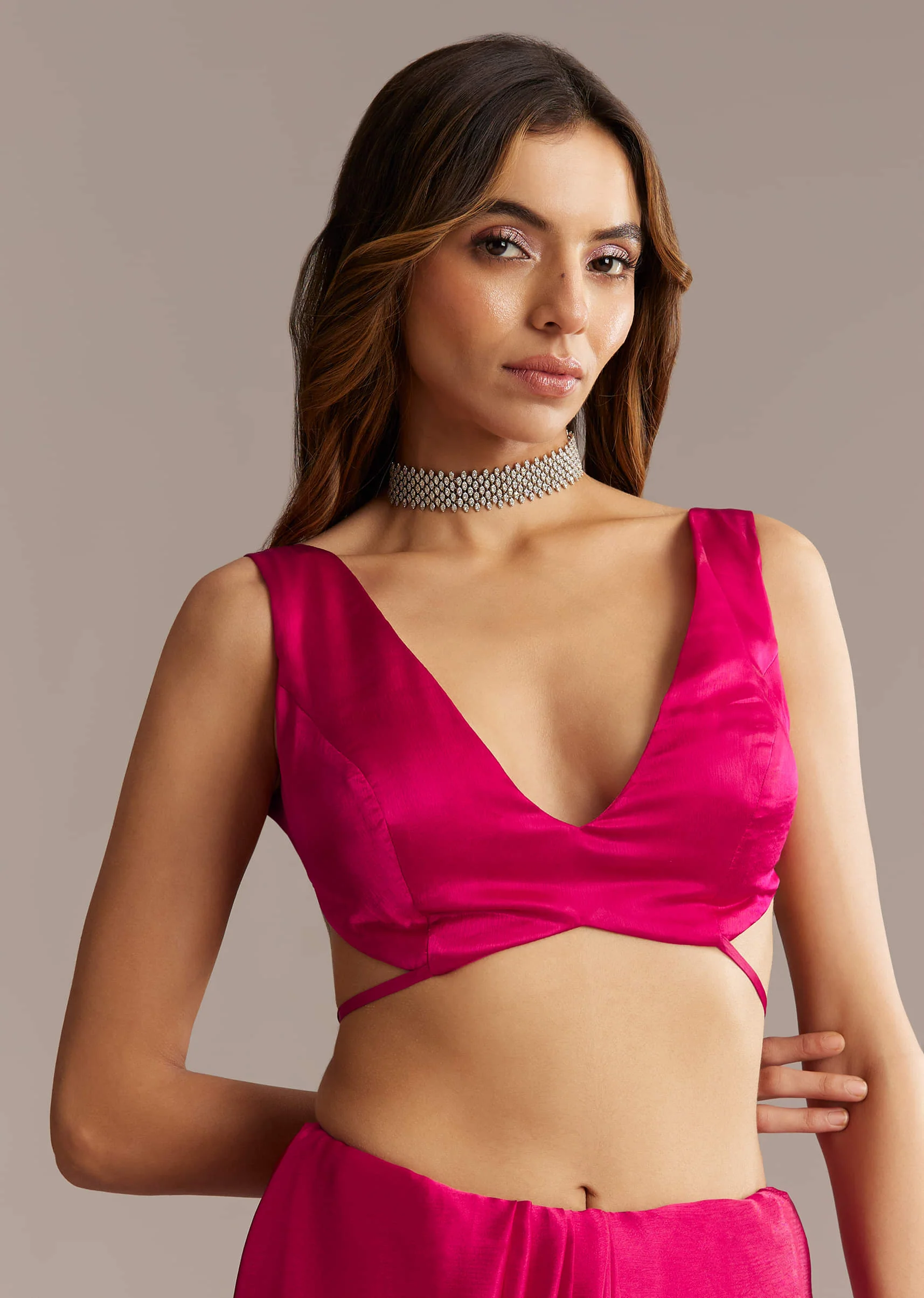 Hot Pink Chinon Saree With Stone And Sequin Embroidery - Image 6