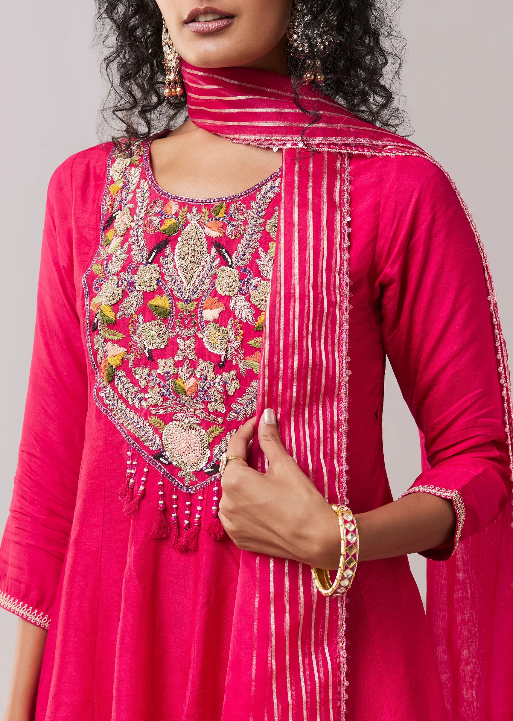 Hot Pink Chinon Silk Kurta Sharara Set - Image 2
