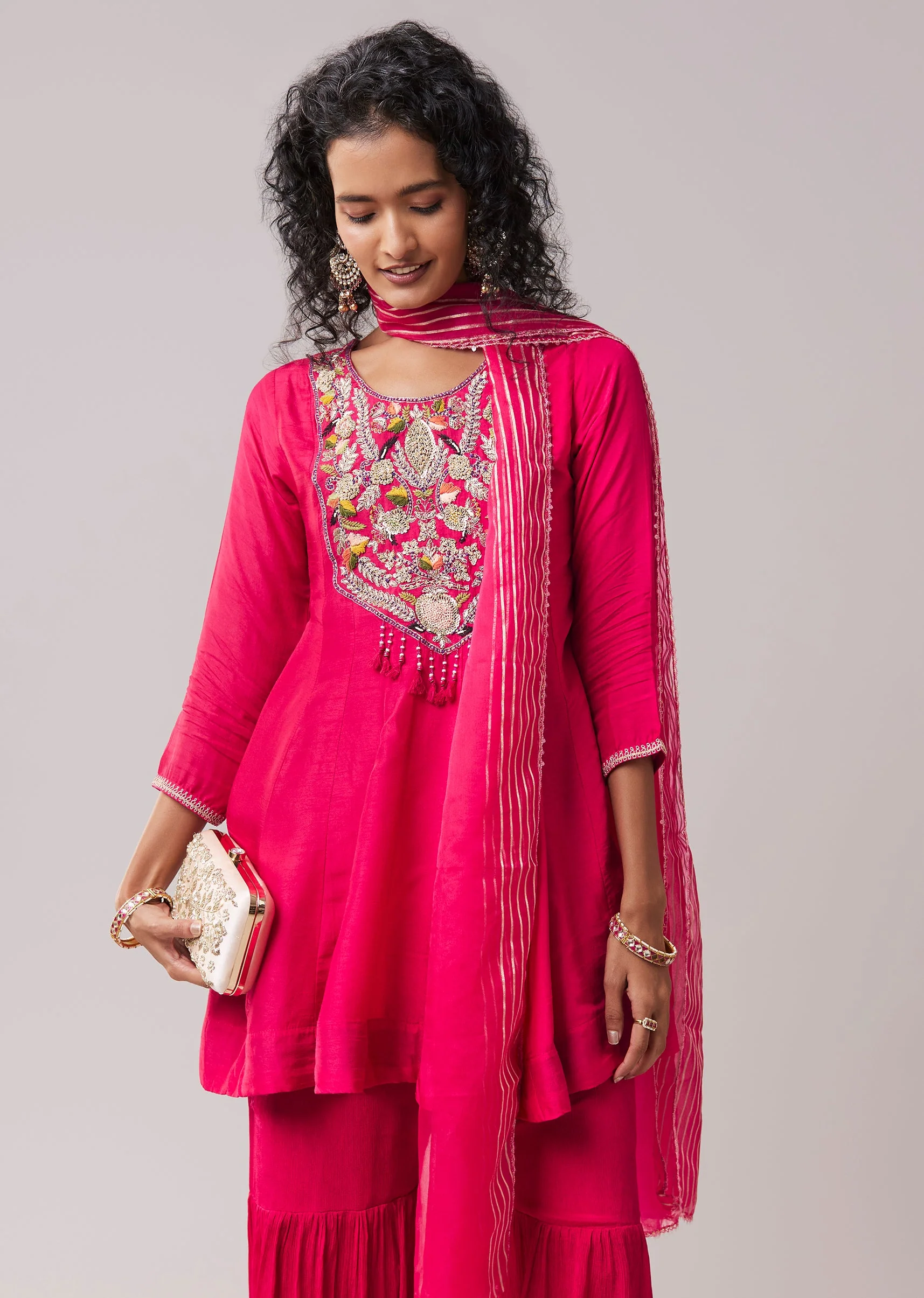 Hot Pink Chinon Silk Kurta Sharara Set - Image 4