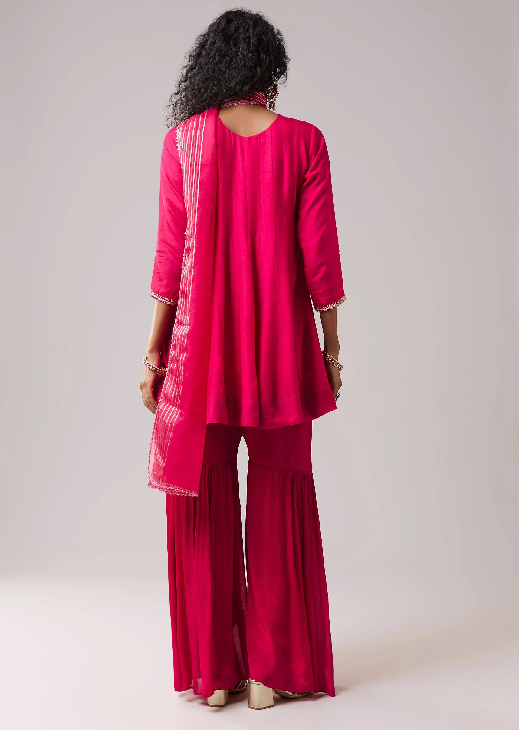 Hot Pink Chinon Silk Kurta Sharara Set - Image 5