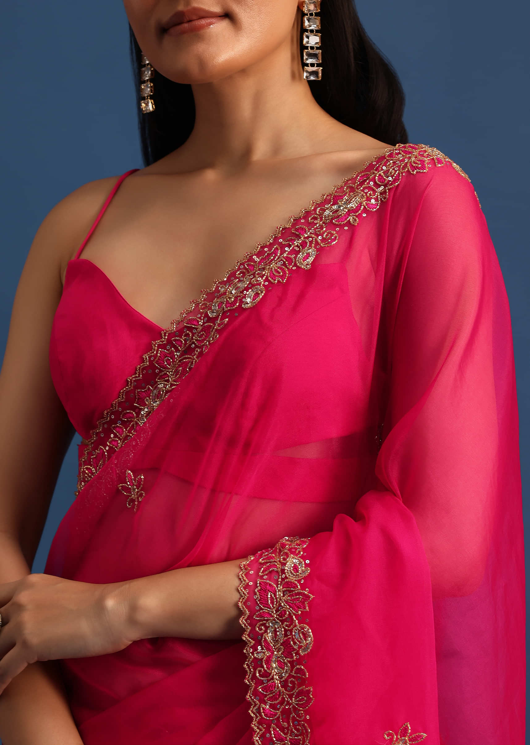Hot Pink Cutdana Embroidered Saree With Unstitched Blouse - Image 5
