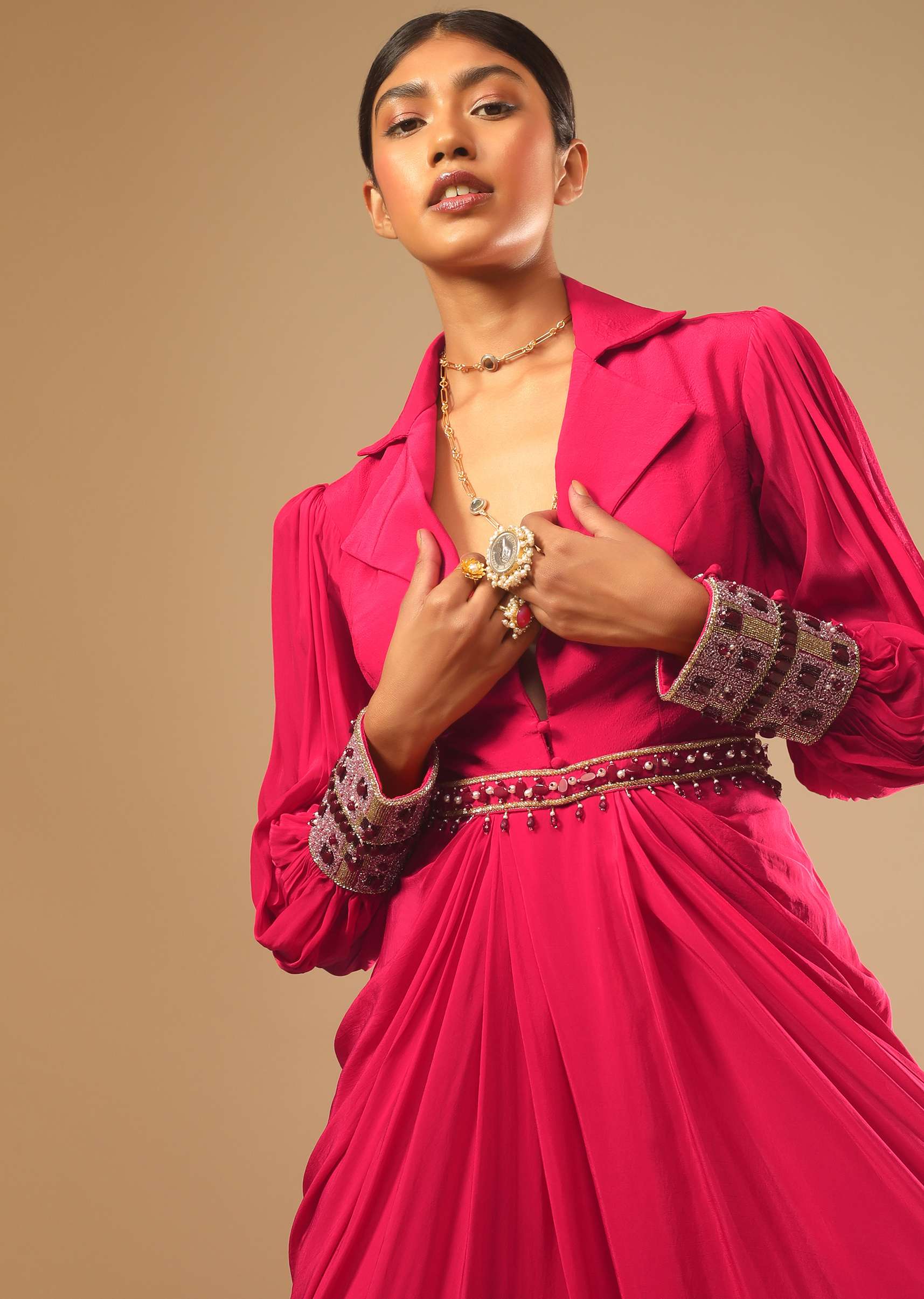 Hot Pink Dress With A Chunky Embroidered Bishop Sleeves And Collar Neckline - Image 5