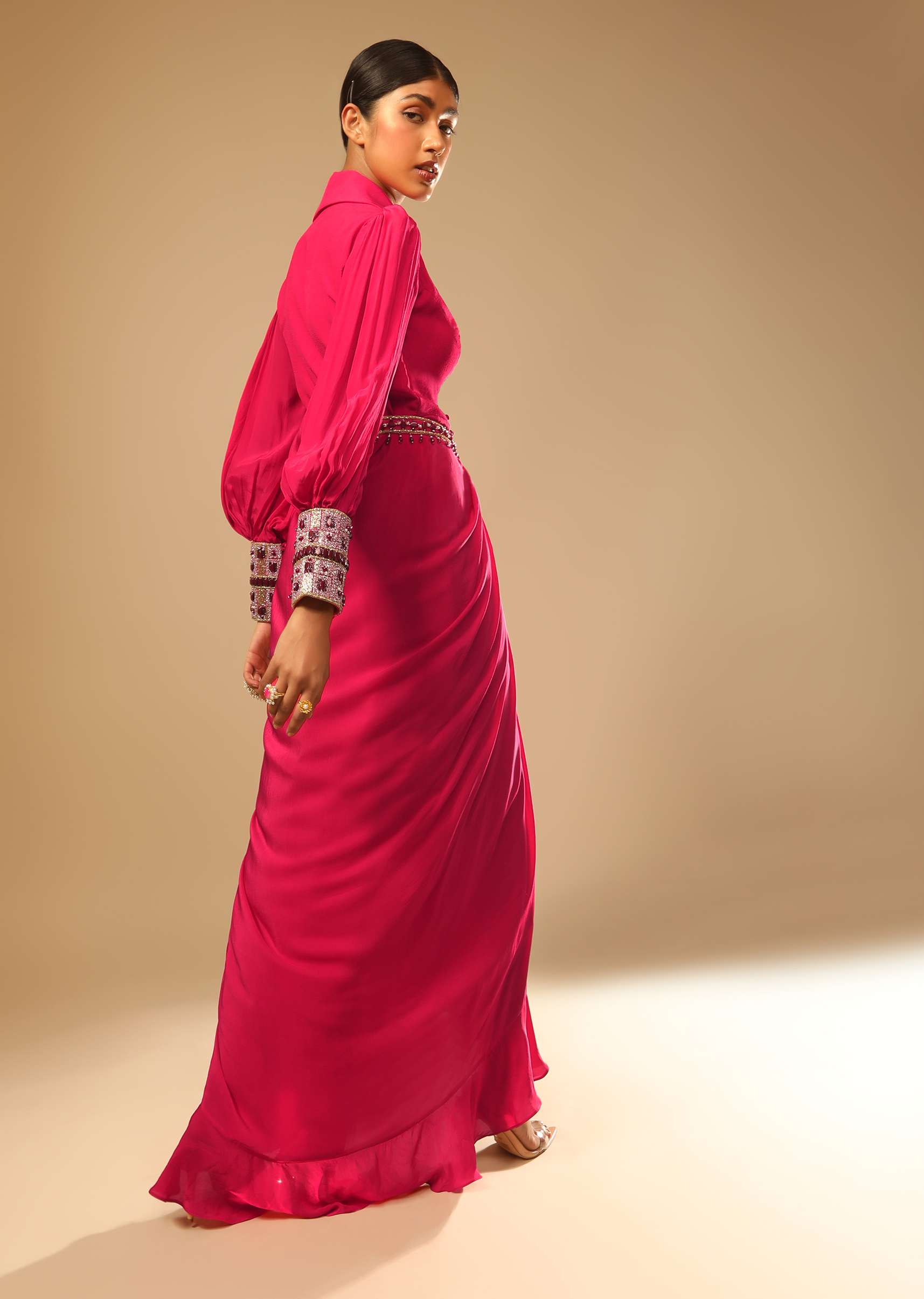 Hot Pink Dress With A Chunky Embroidered Bishop Sleeves And Collar Neckline - Image 6