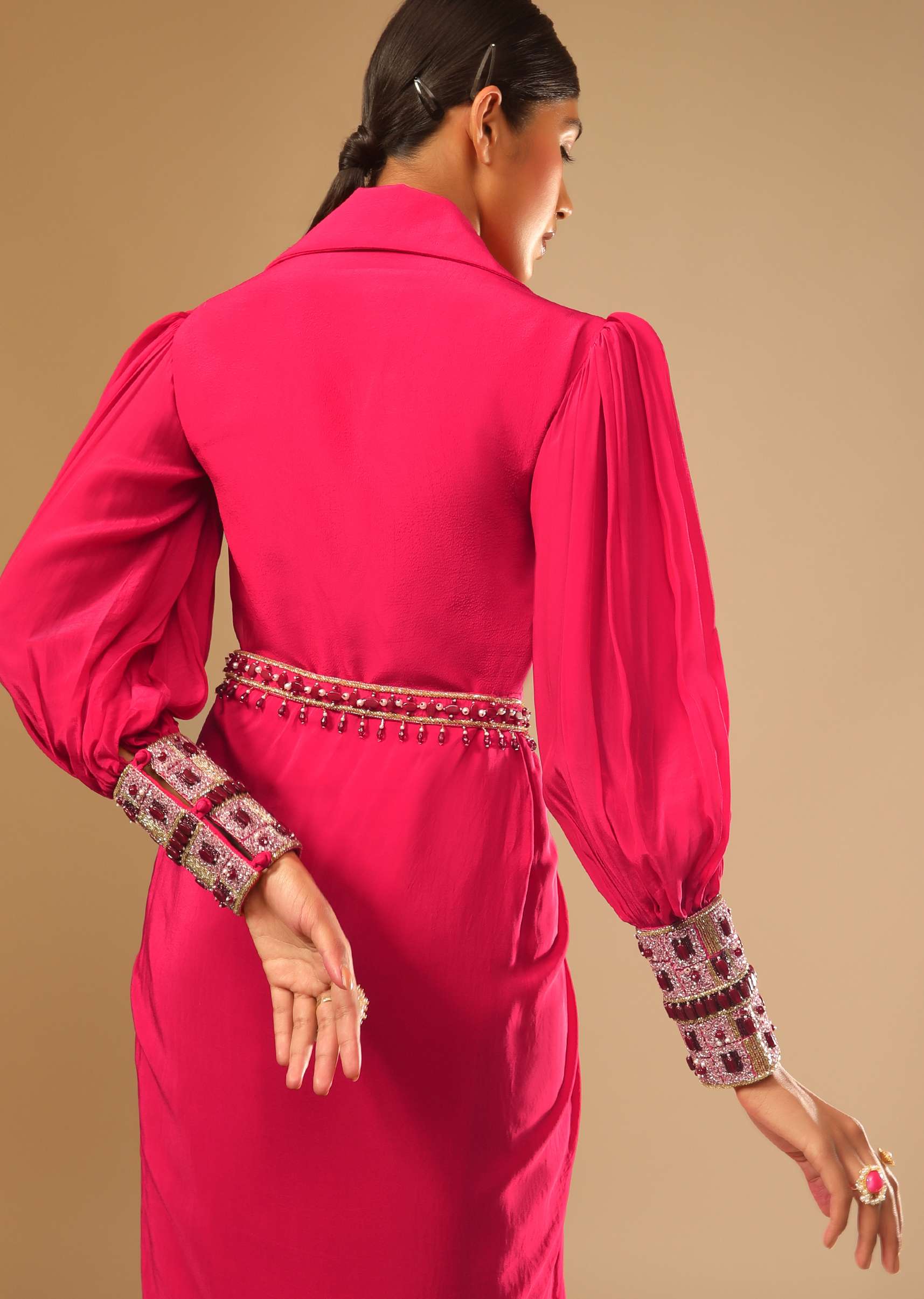 Hot Pink Dress With A Chunky Embroidered Bishop Sleeves And Collar Neckline - Image 7