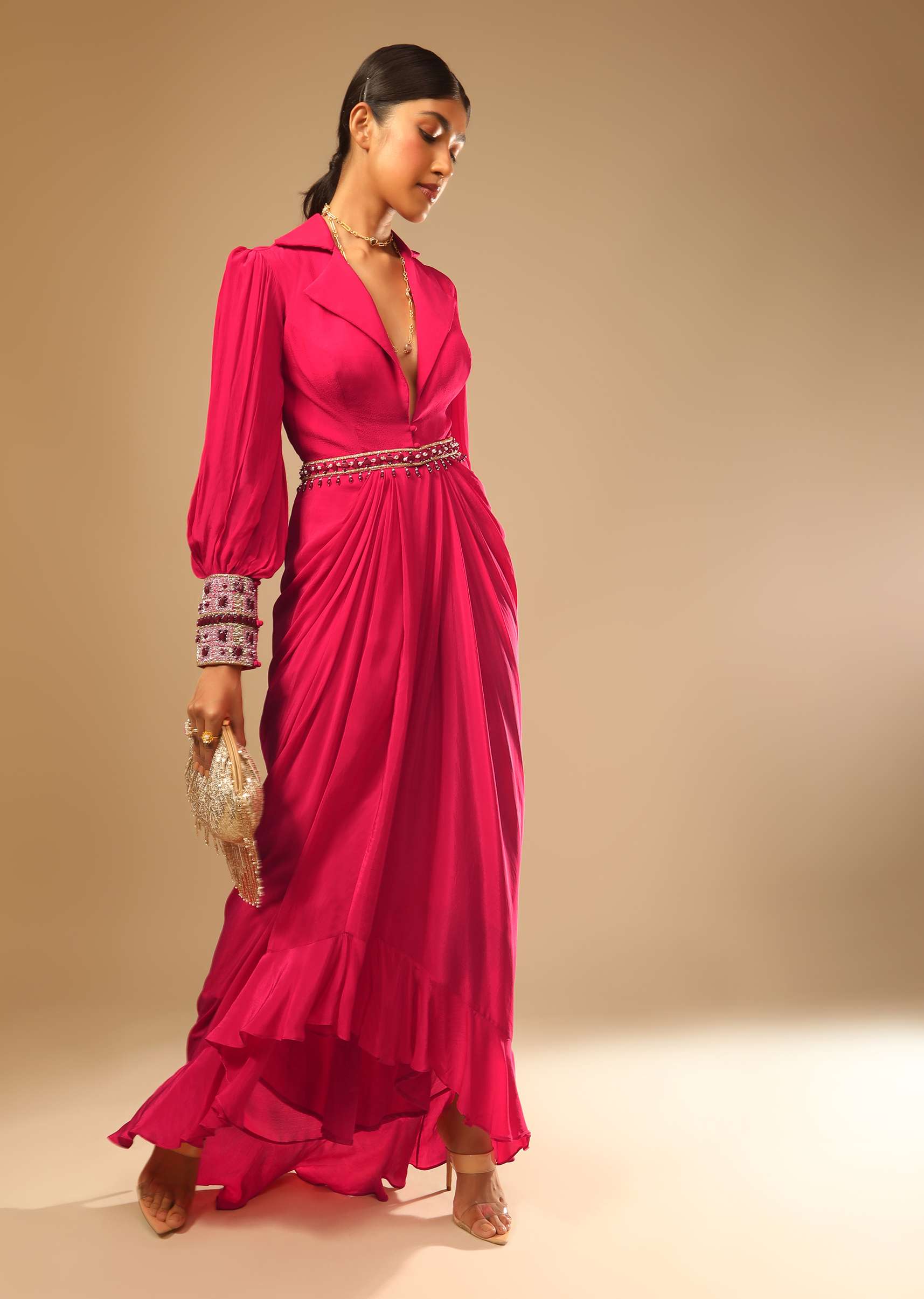 Hot Pink Dress With A Chunky Embroidered Bishop Sleeves And Collar Neckline - Image 8