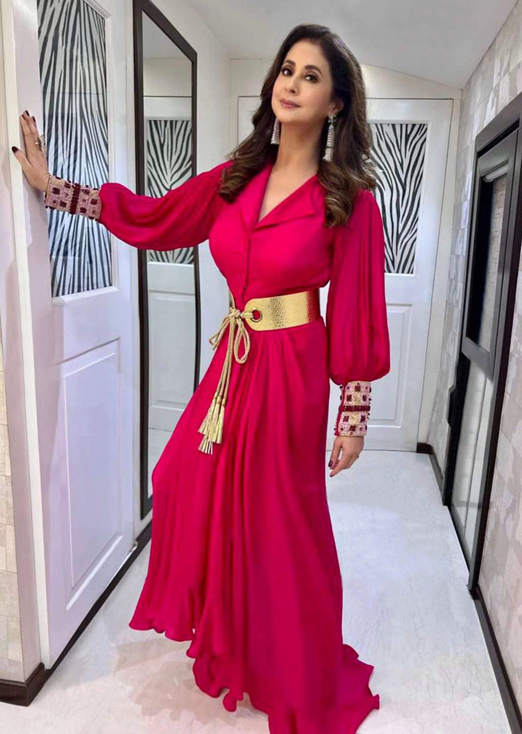 Hot Pink Dress With A Chunky Embroidered Bishop Sleeves And Collar Neckline - Image 9