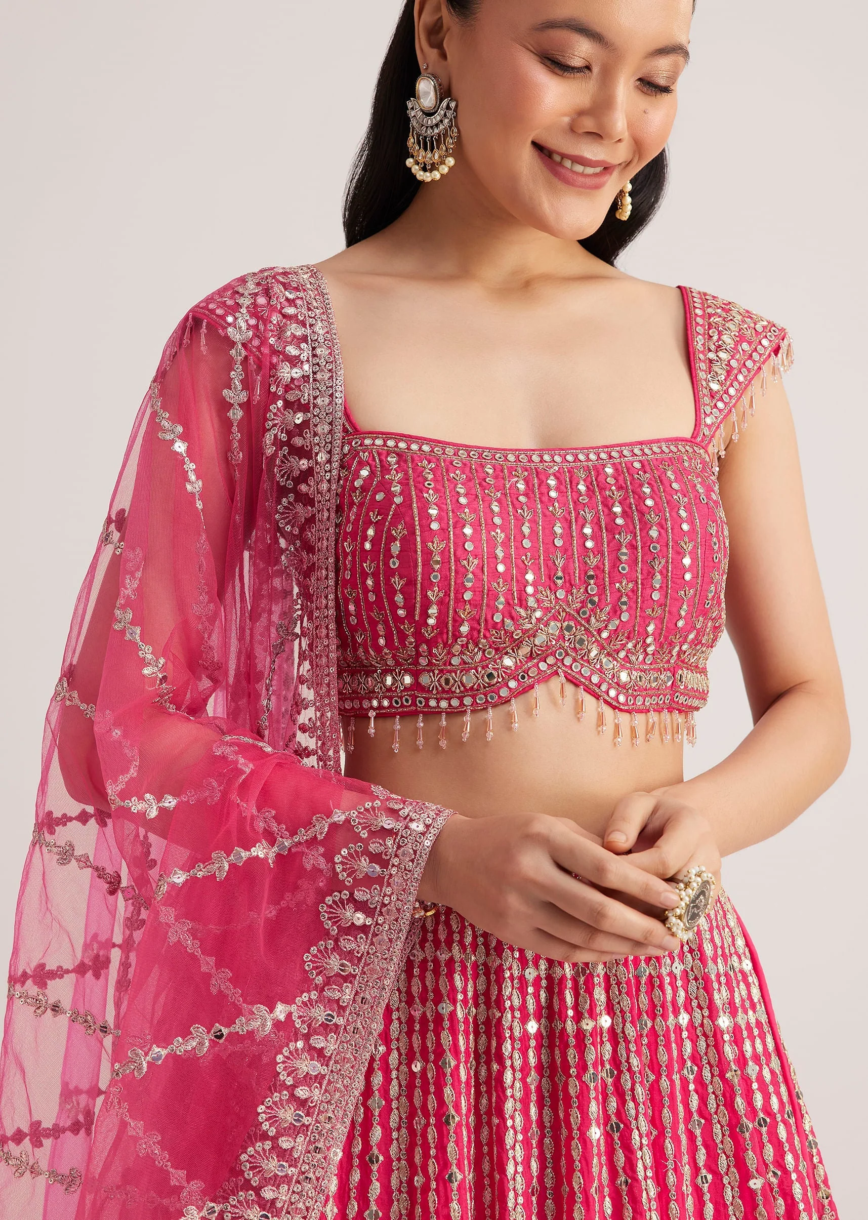Hot Pink Embroidered Lehenga Set With Mirror Work - Image 3