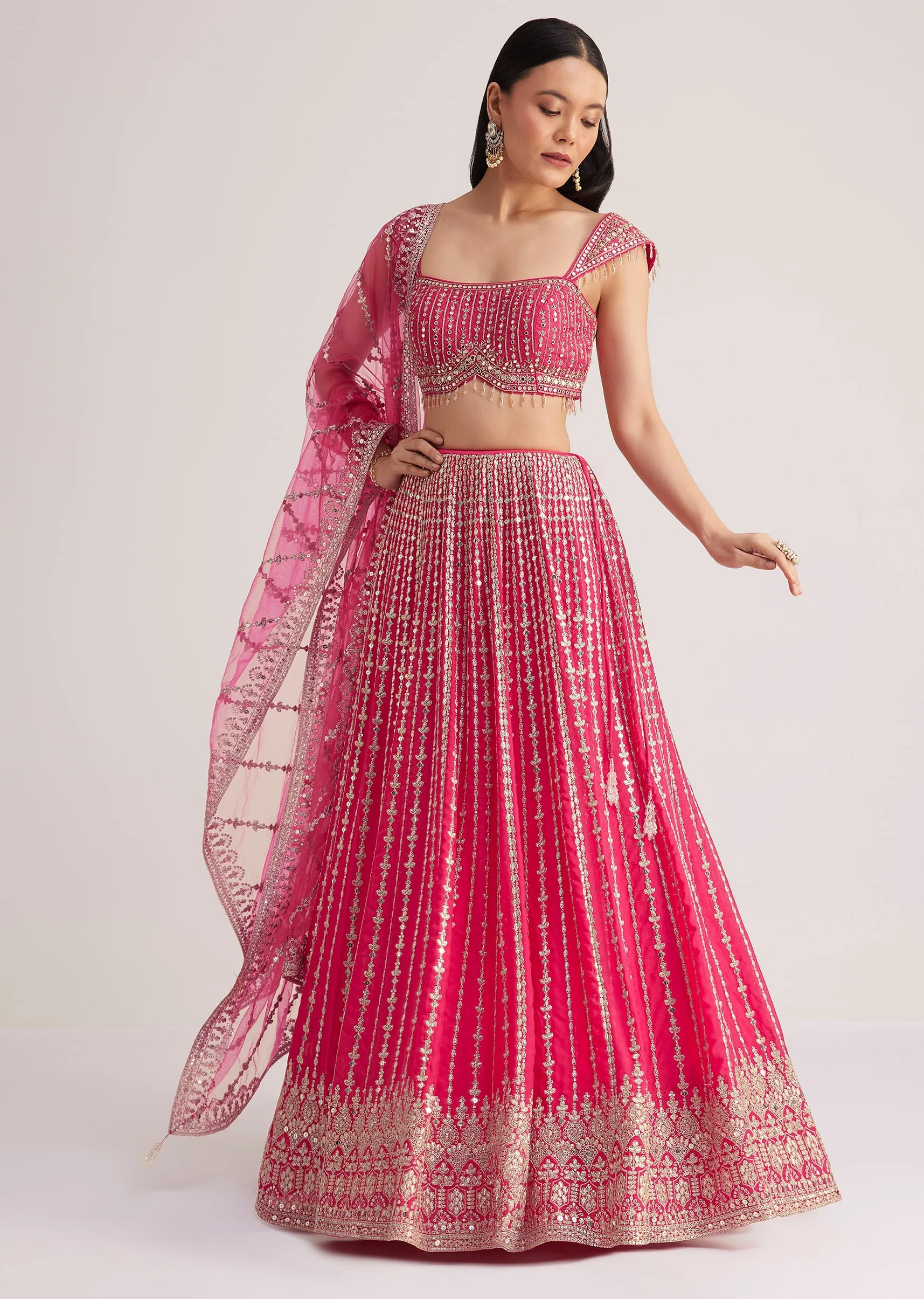 Hot Pink Embroidered Lehenga Set With Mirror Work - Image 4