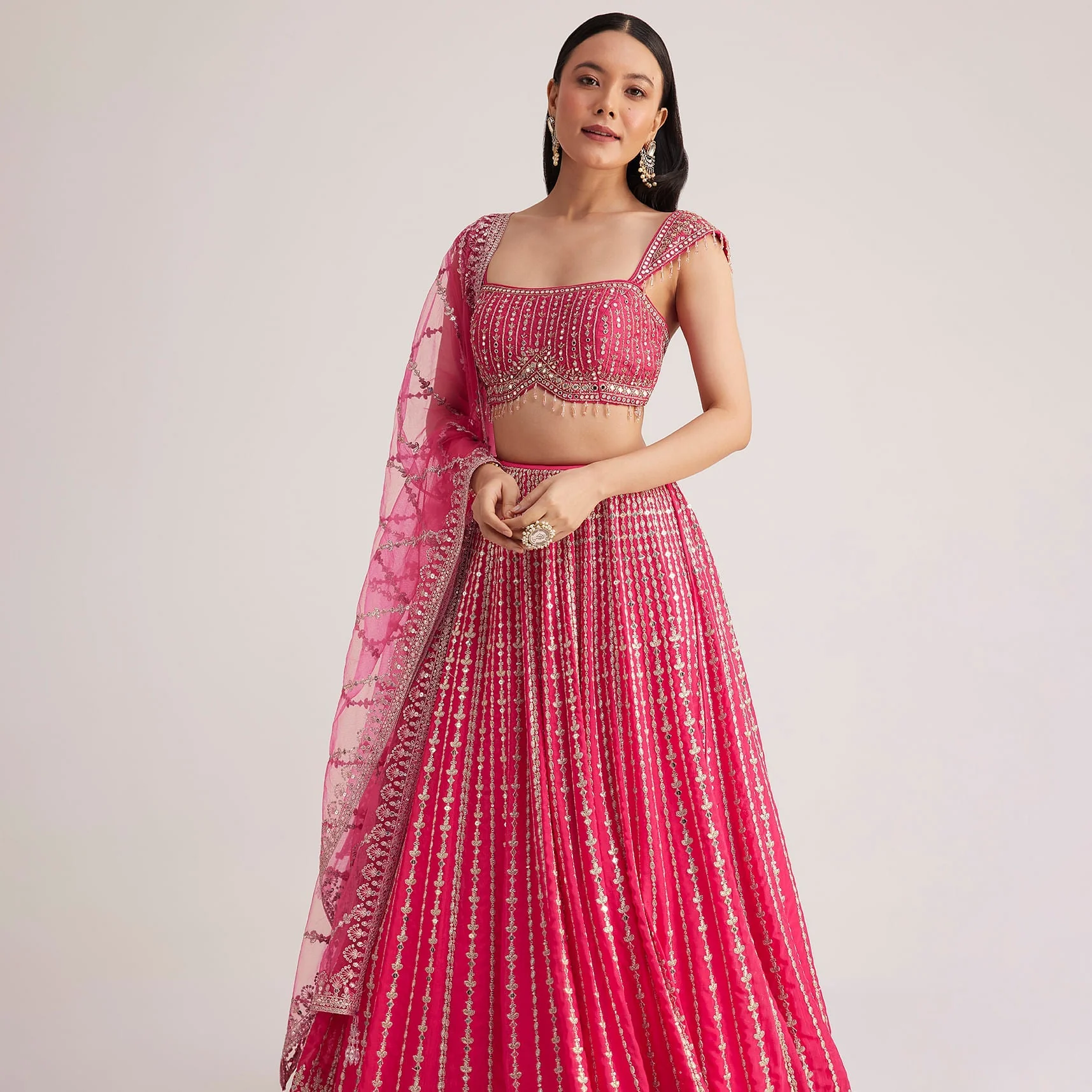 Hot Pink Embroidered Lehenga Set With Mirror Work - Image 5