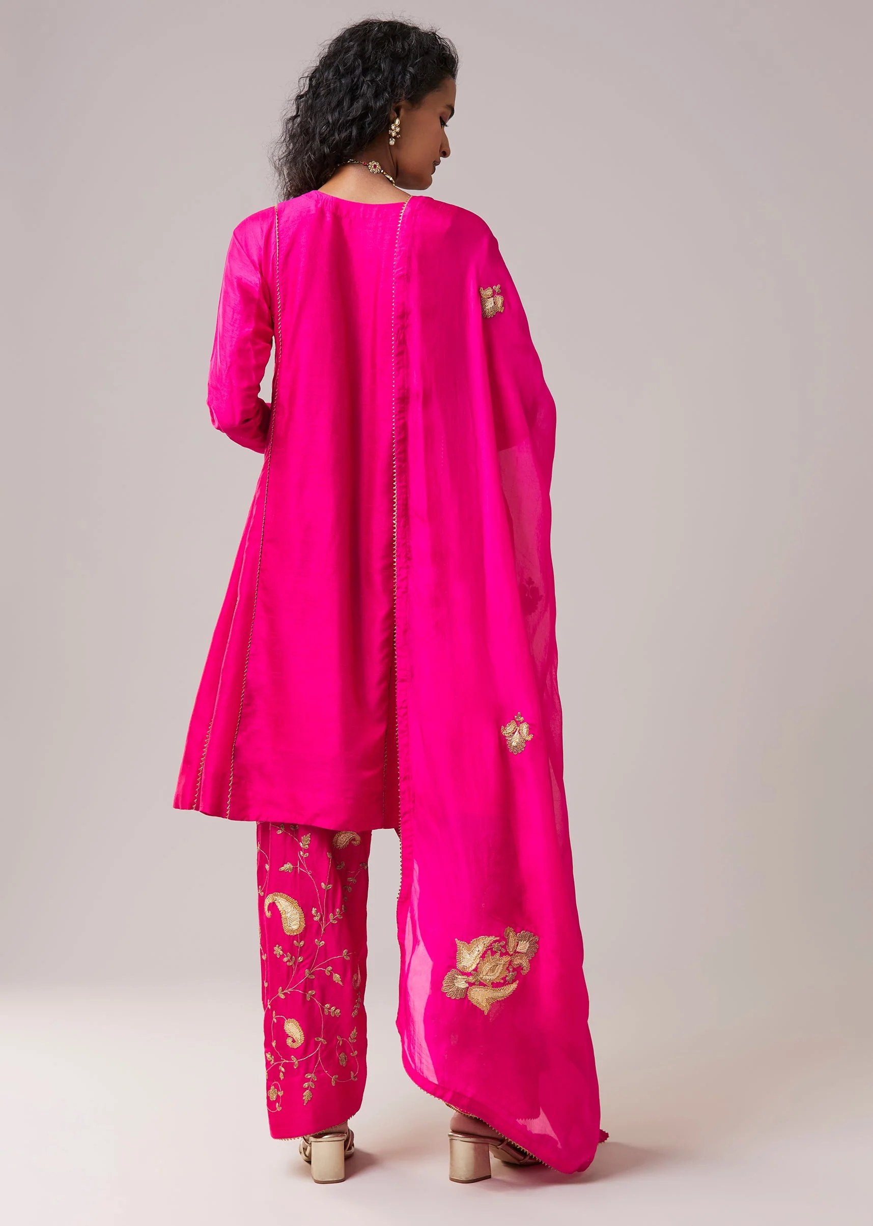 Hot Pink Gota Work Silk Anarkali Set - Image 5