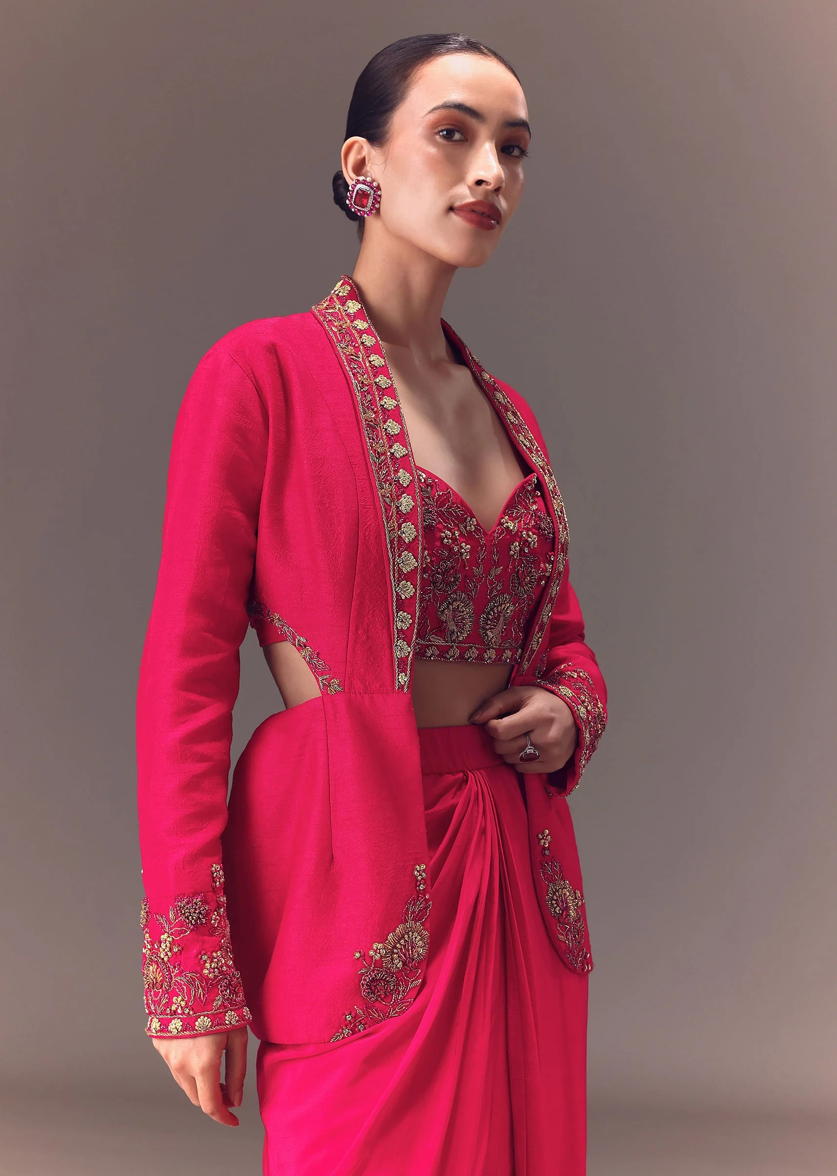 Hot Pink Hand Embellished Blouse With Jacket And Draped Skirt - Image 4