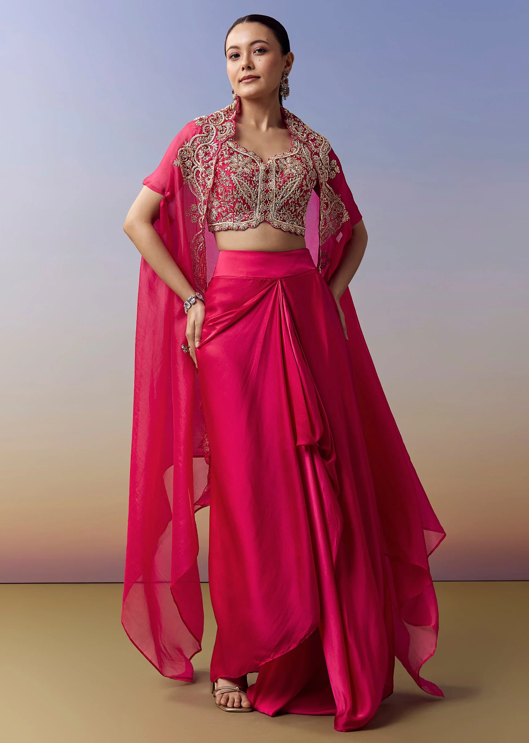 Hot Pink Indo Western Crop Top Skirt Set With Zardosi Work And Organza Cape