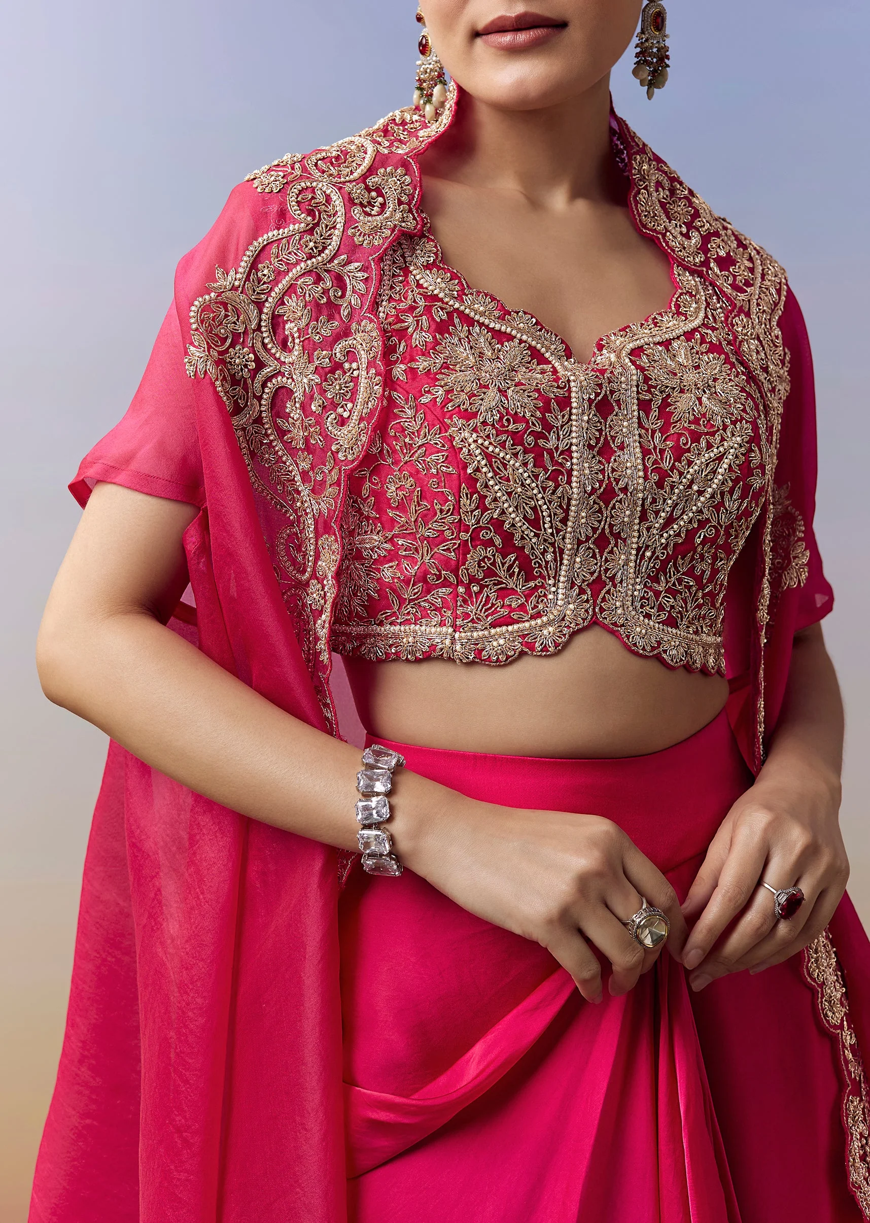 Hot Pink Indo Western Crop Top Skirt Set With Zardosi Work And Organza Cape - Image 2